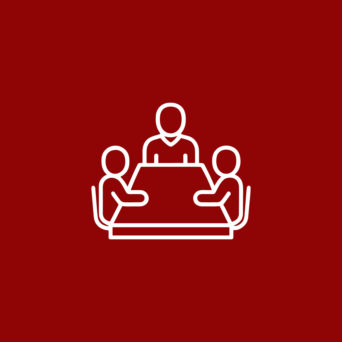 Simbolo che rappresenta una riunione o una discussione con tre persone sedute intorno a un tavolo.