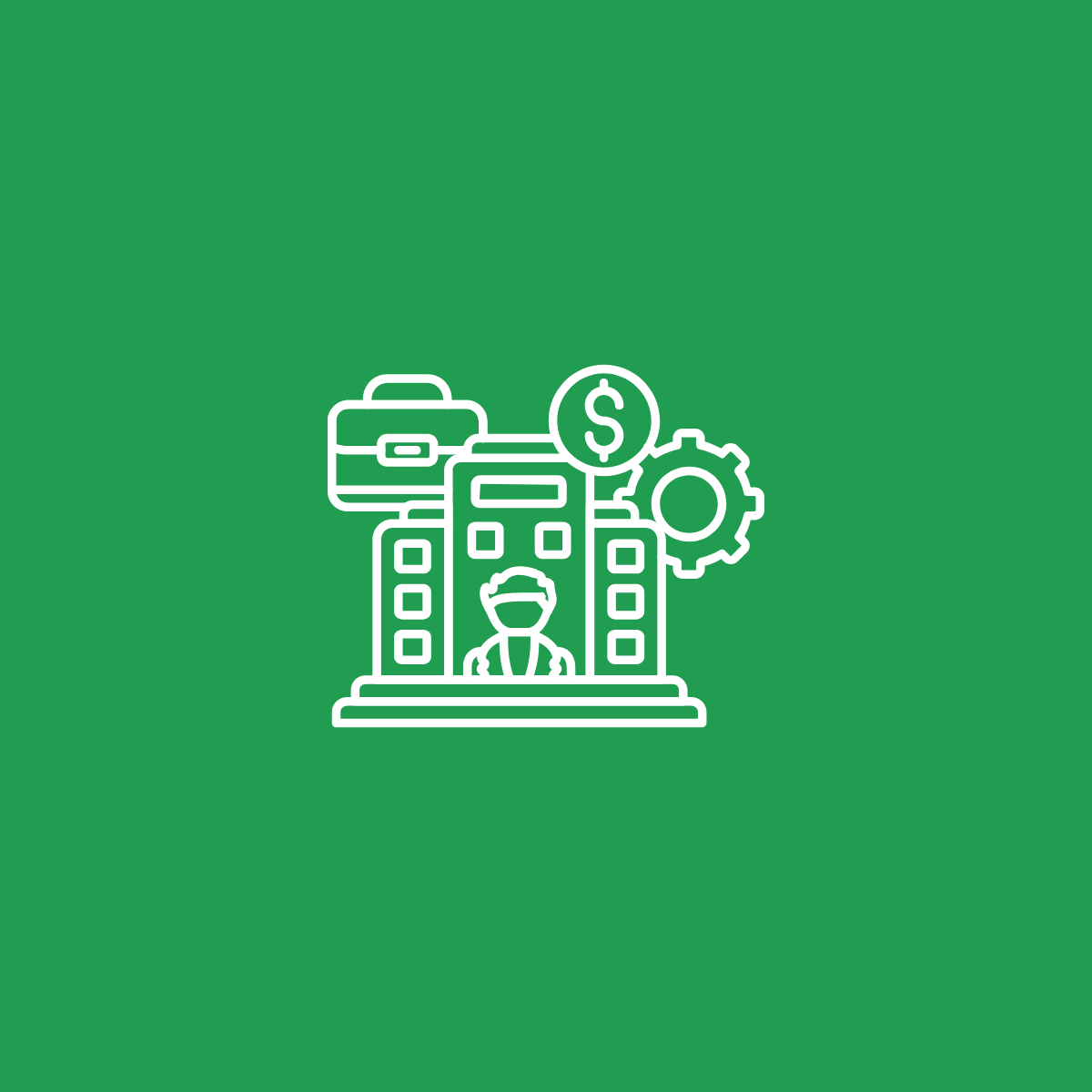 Icona lineare di un edificio con un uomo in piedi all'interno, accompagnata da una borsa, una moneta con simbolo di dollaro e una ruota dentata, su sfondo verde.