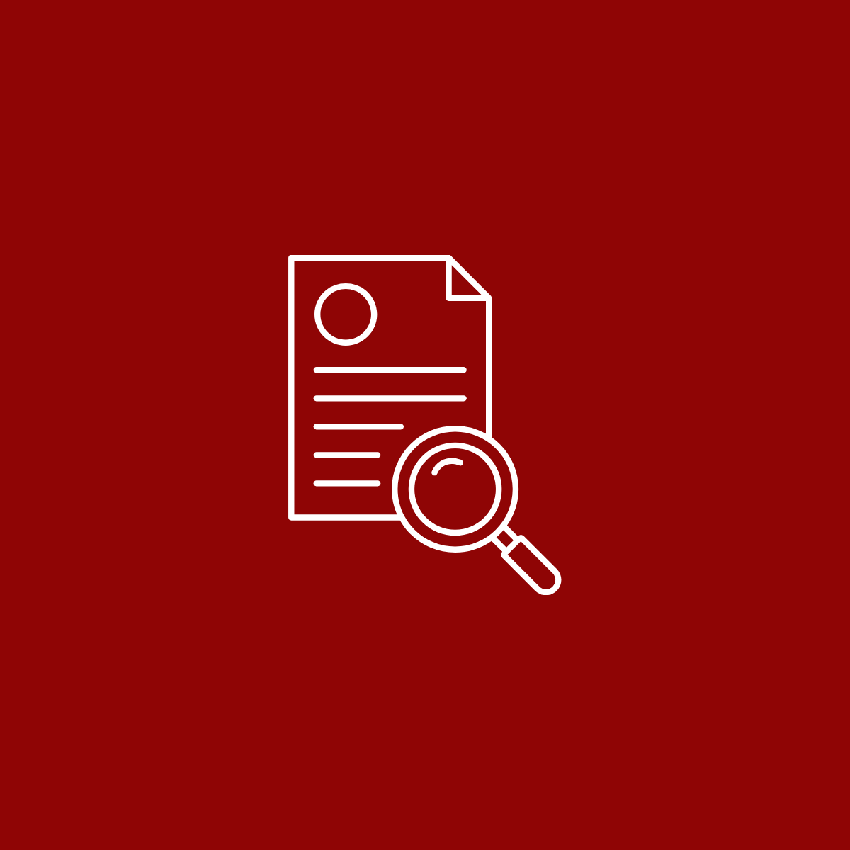 Documento con una lente di ingrandimento sopra, in stile disegno semplice, sfondo rosso.