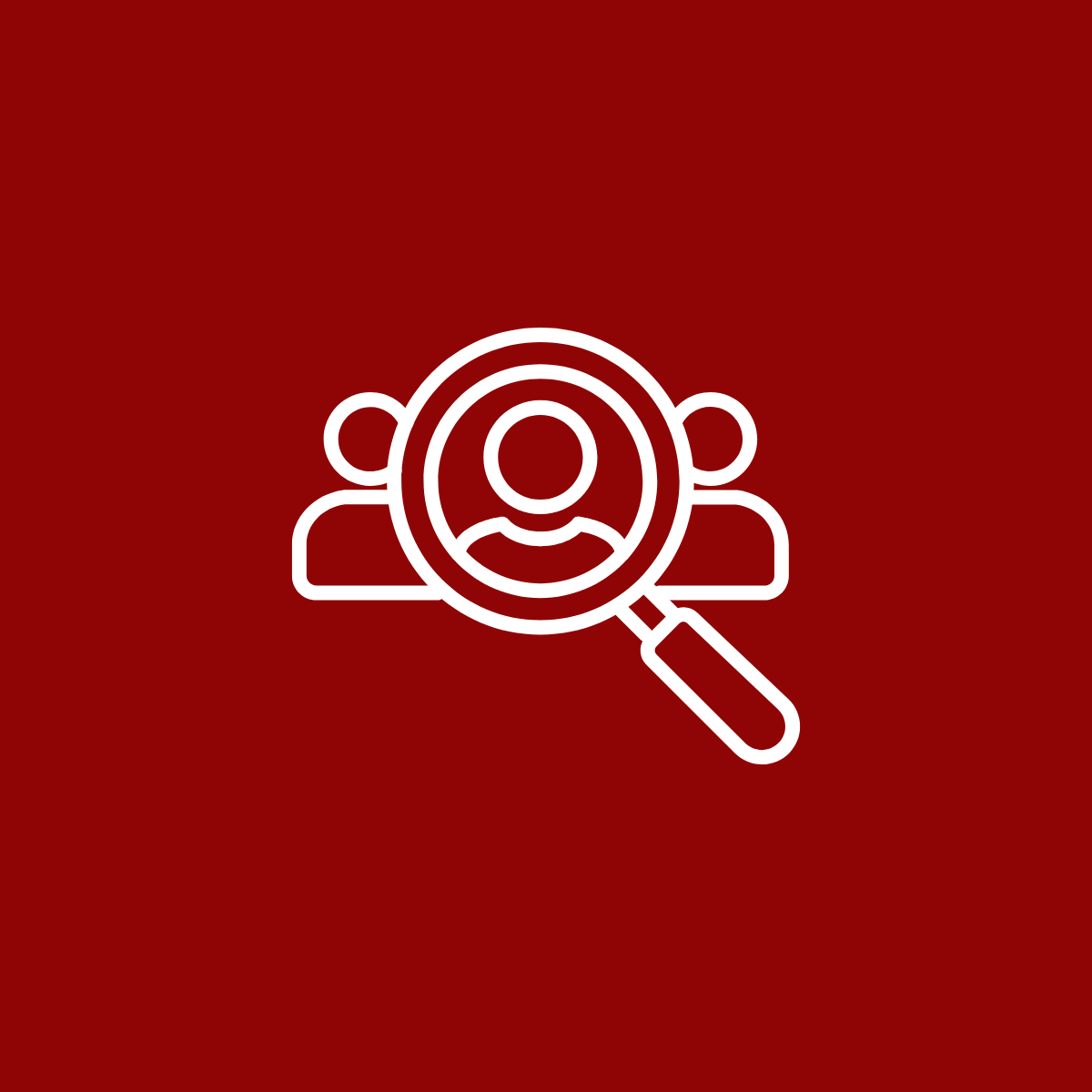 Icona bianca di una lente di ingrandimento con una silhouette di una persona al centro, sovrapposta ad un gruppo di persone, su sfondo rosso.