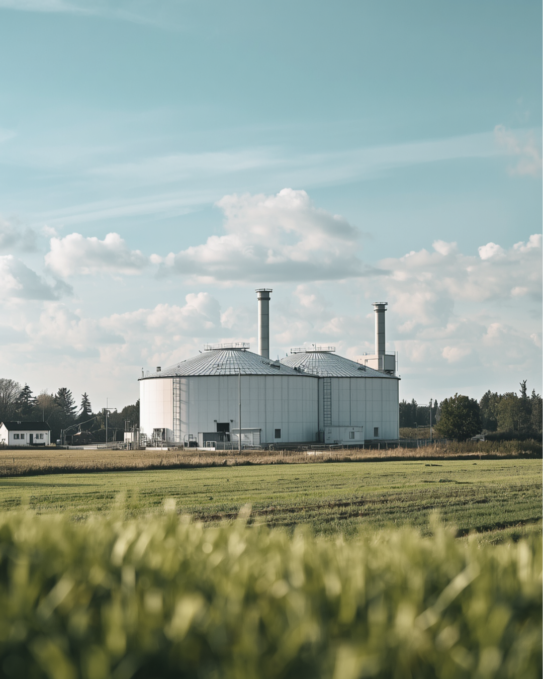 Impianto industriale in mezzo a campi verdi con cielo nuvoloso.