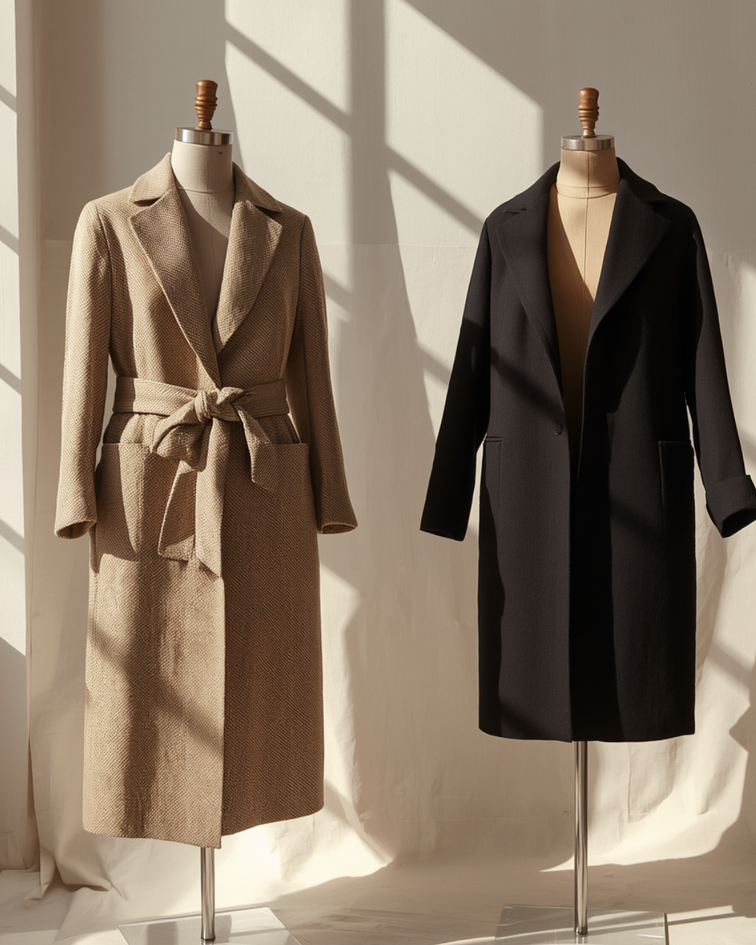 Due manichini indossano cappotti, uno beige con cintura e uno nero, esposti con luci naturali che creano ombre sul muro bianco.
