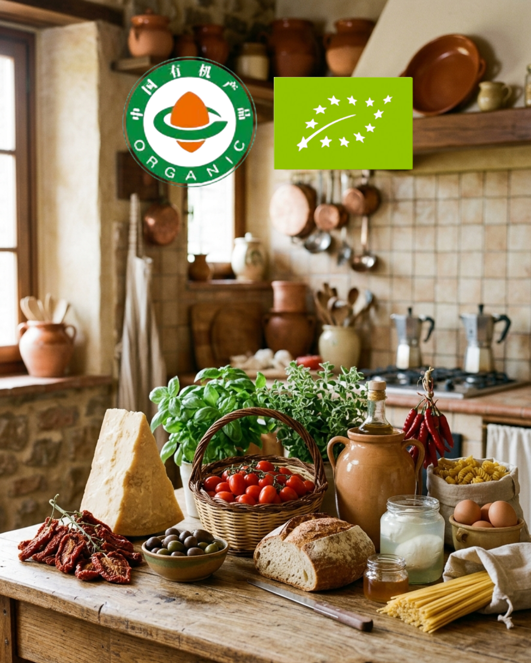 Bottiglia di olio extra vergine di oliva, formaggi e pomodorini su un tagliere di legno con un'icona di approvazione biologica e organica.