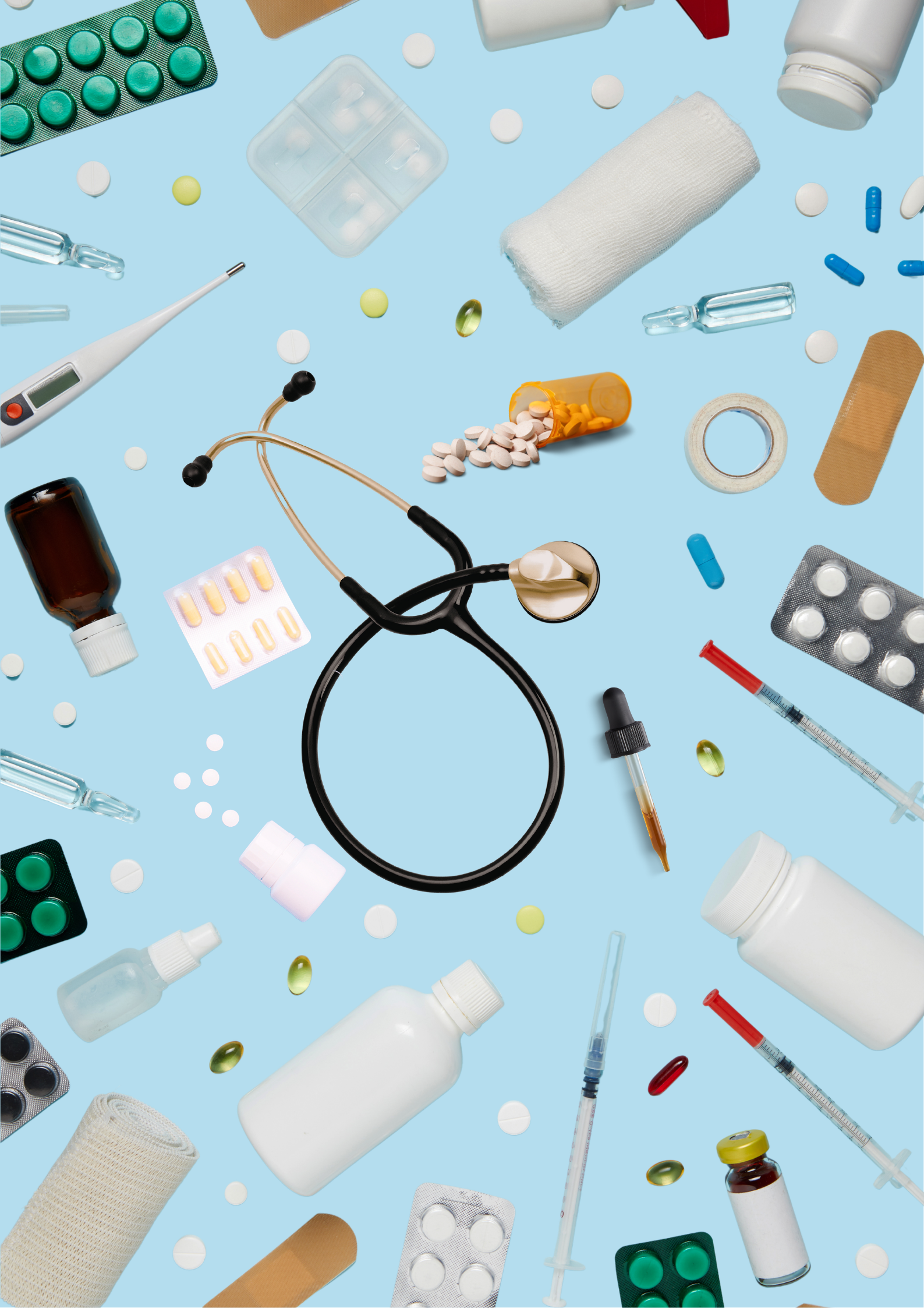 Varietà di medicinali e strumenti medici dispersi su uno sfondo azzurro, tra cui compresse, pillole, siringhe, bottiglie di medicine, un termometro, una benda, un rotolo di garza, medicamenti in blister, e un estetoscopio.