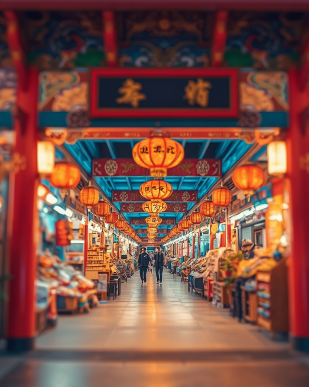 Passeggio in un mercato coperto con lanterne di carta luminose rosse e stand di prodotti alimentari e oggetti decorativi, con due persone che camminano al centro.
