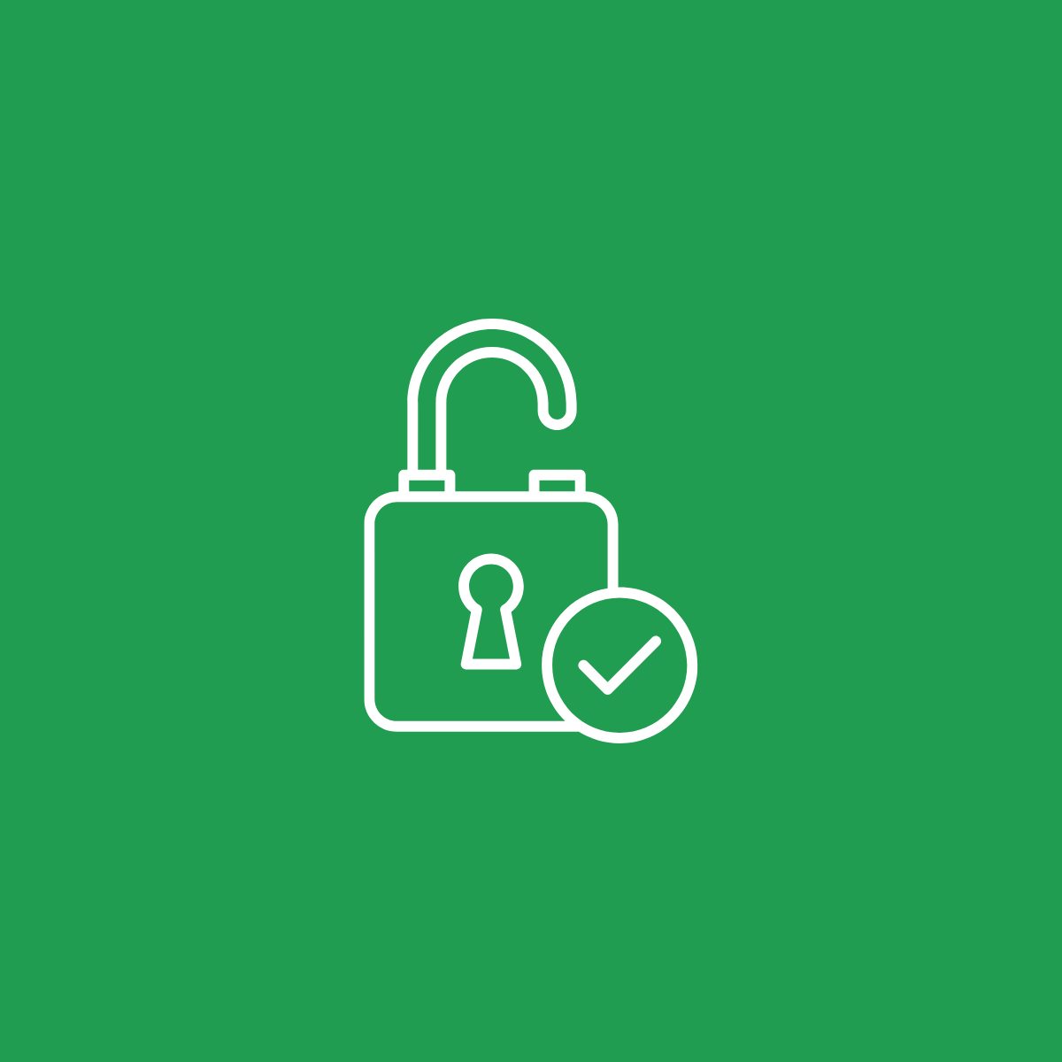 Icona di un lucchetto aperto con un segno di spunta verde, rappresentando sicurezza o autorizzazione approvata.