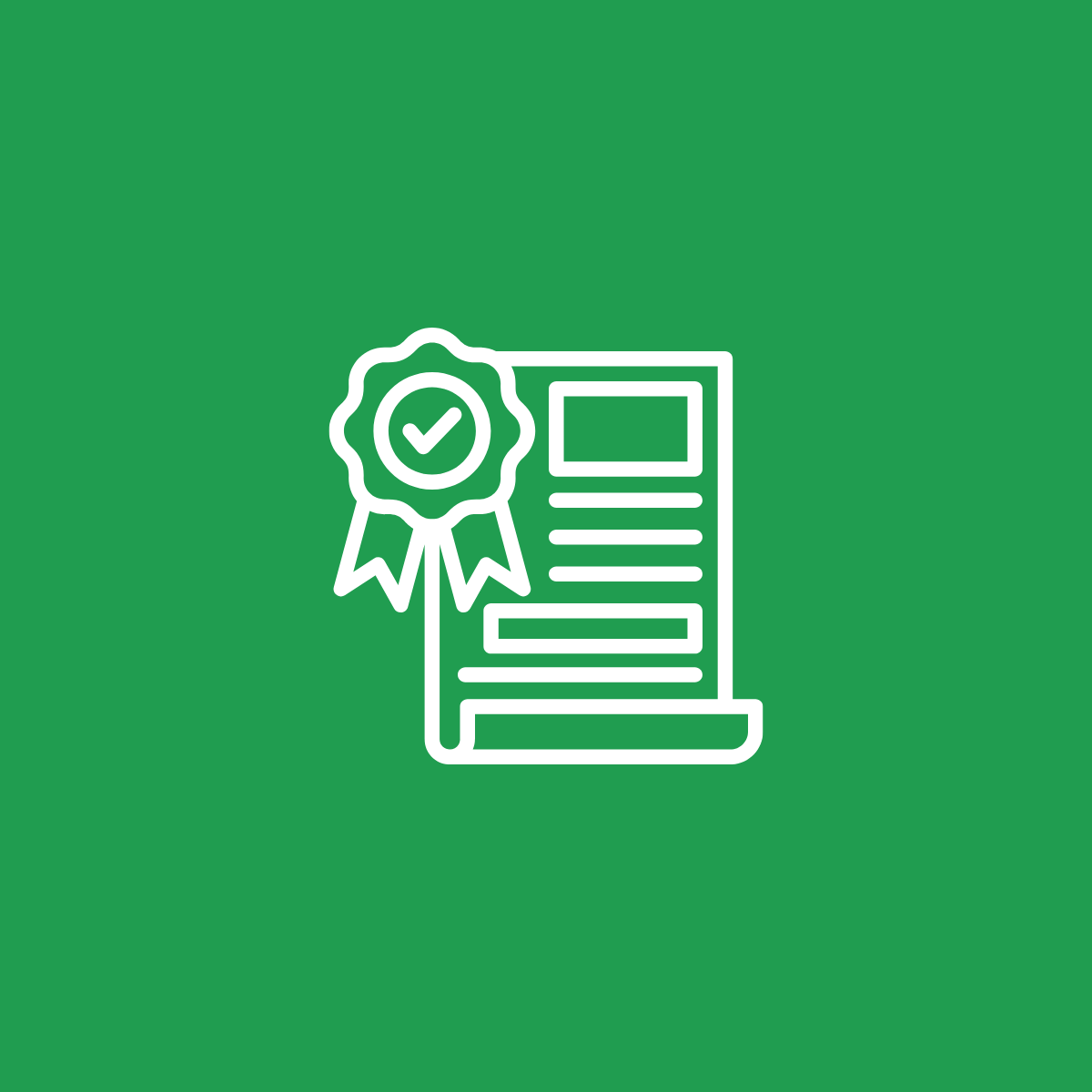 Icona di un certificato o diploma con un nastro e un sigillo con spunta, su sfondo verde.