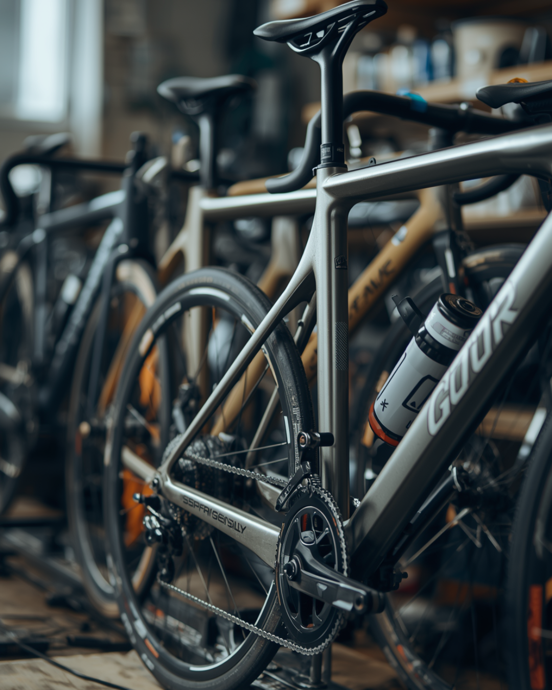 Biciclette da corsa in fila in un negozio di biciclette.