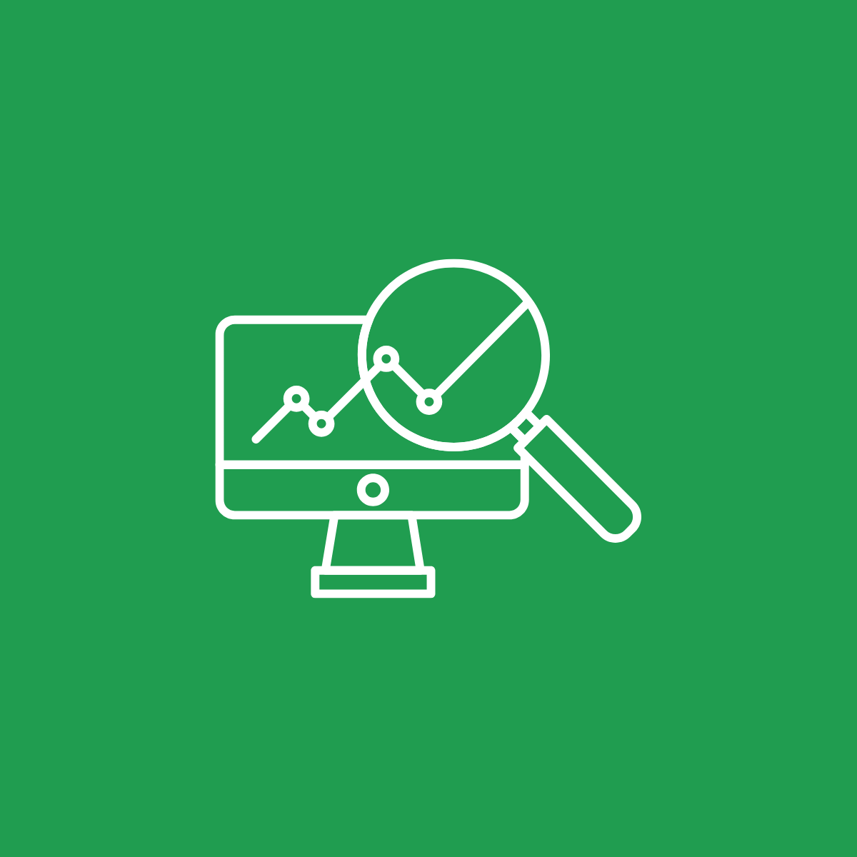 Icona di un computer con un grafico a linee e una lente di ingrandimento che evidenzia i dati e l'analisi.