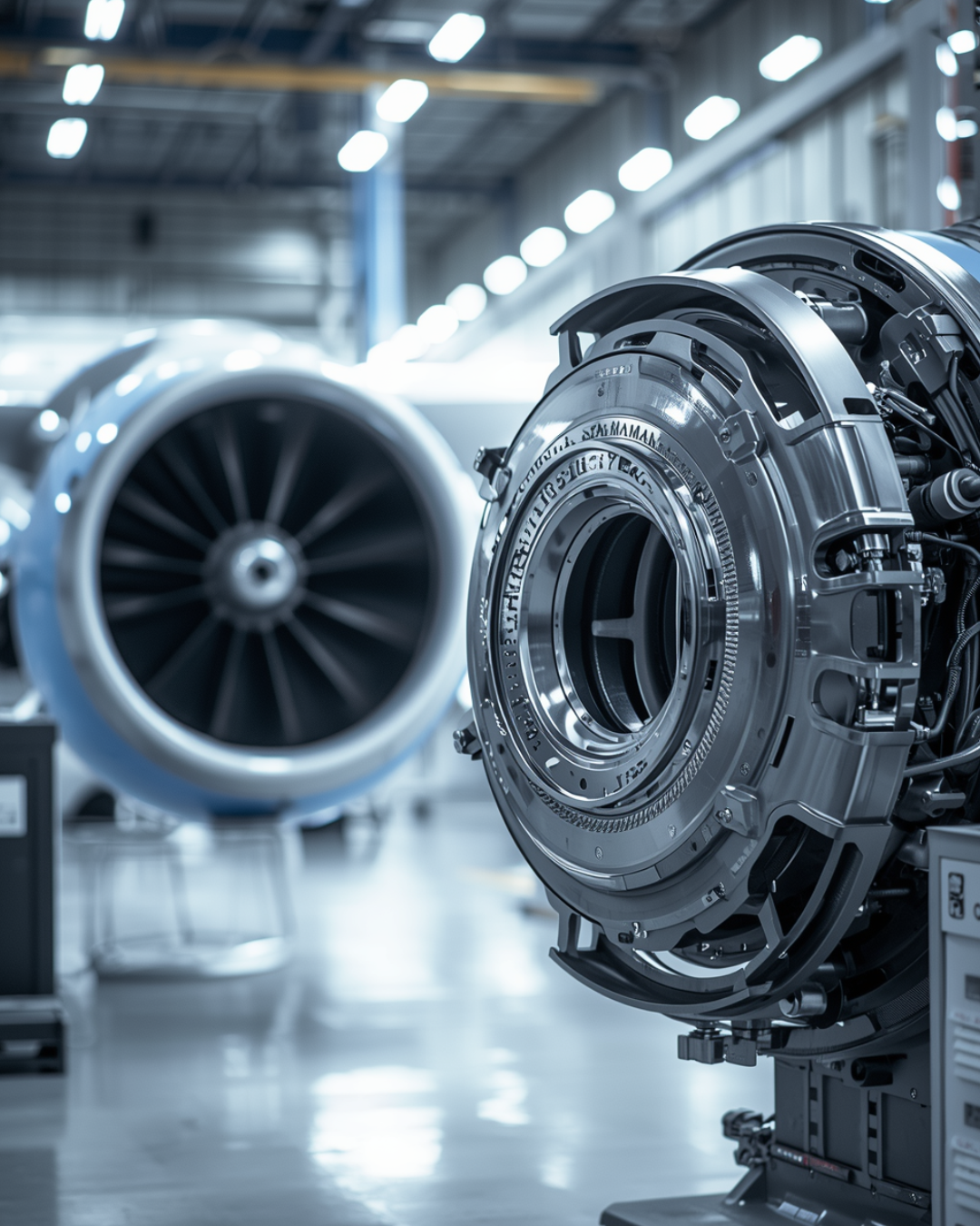 Componenti di un motore aeronautico in un laboratorio di produzione o manutenzione, con uno sfondo di impianto industriale luminoso.