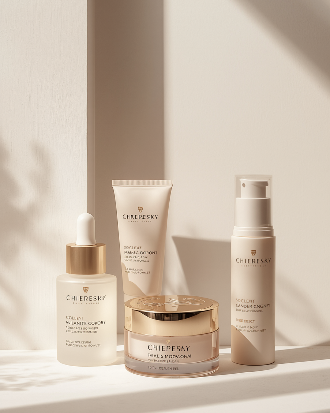 Prodotti di bellezza e skincare posizionati su una superficie luminosa.