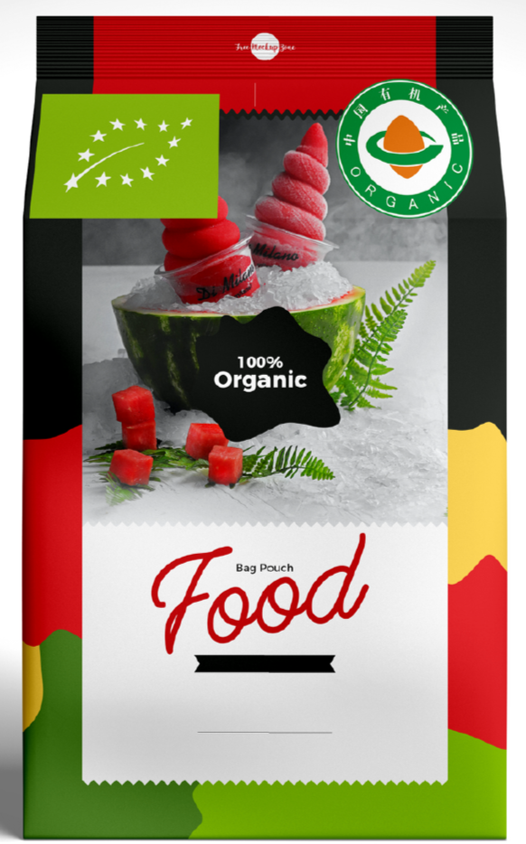 Confezione di sacchetto di cibo biologico con immagini di gelati rosa, anguria, e foglie verdi.