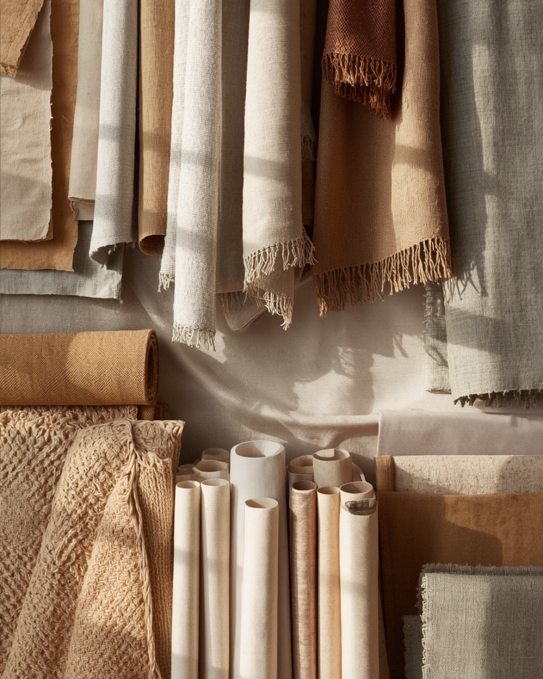 Strisce di tessuto e rotoli di carta, in toni neutri e caldi, appesi e arrotolati.