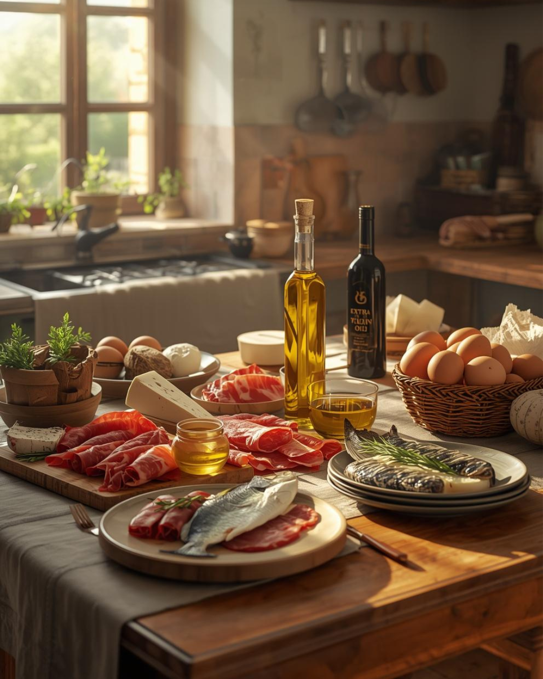 Una tavola apparecchiata con riso, pesce, carne, uova e olio d'oliva in una cucina luminosa