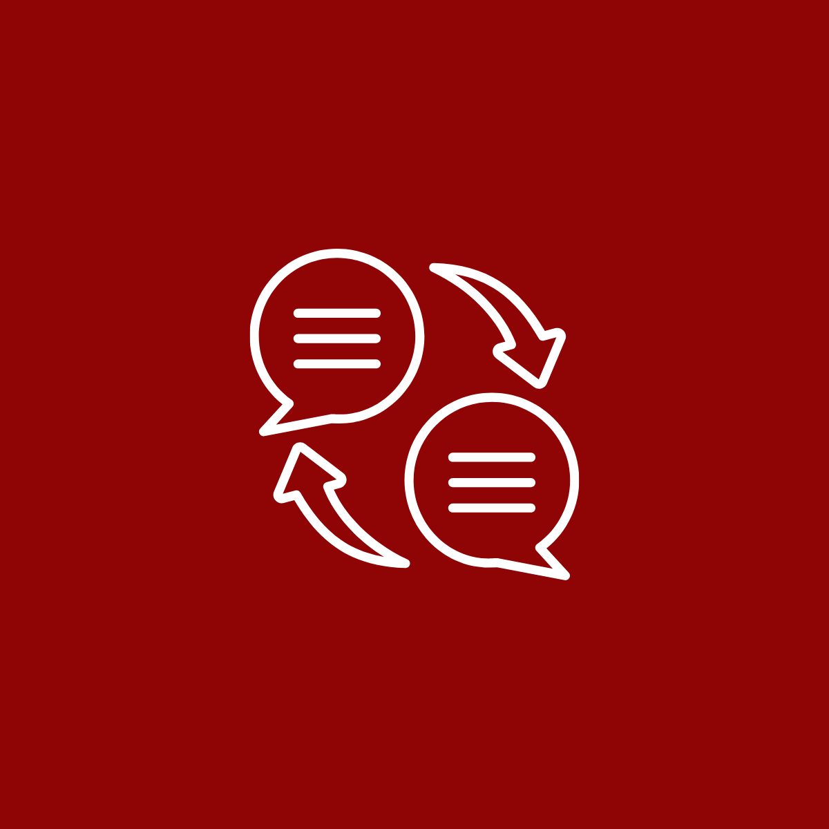 Icona di due fumetti con frecce che indicano uno scambio di conversazioni su sfondo rosso.