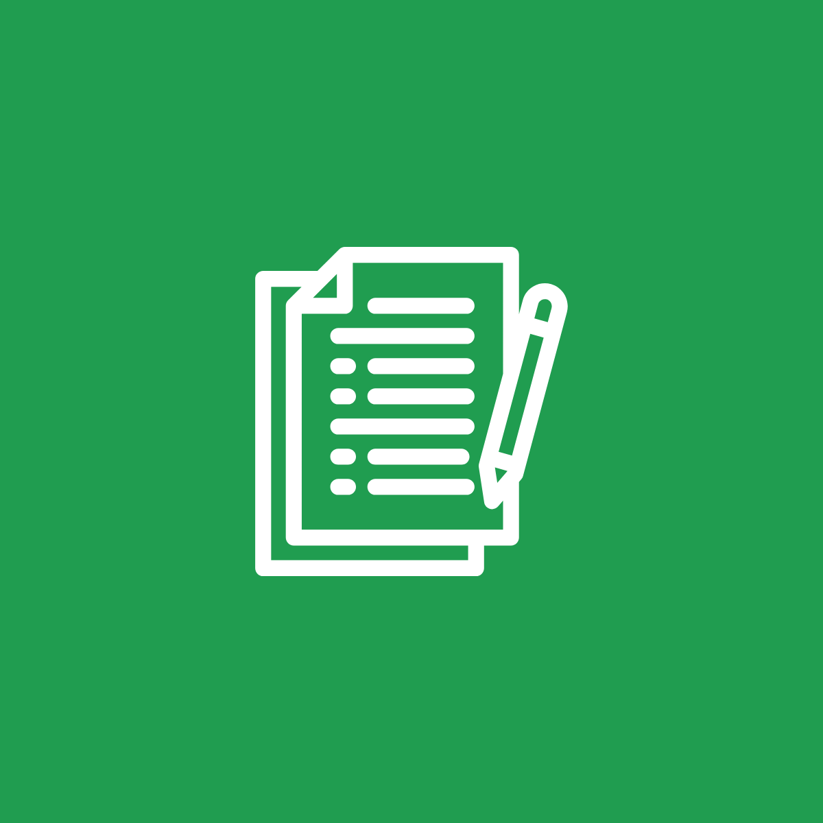 Icona bianca di un documento con una penna su sfondo verde