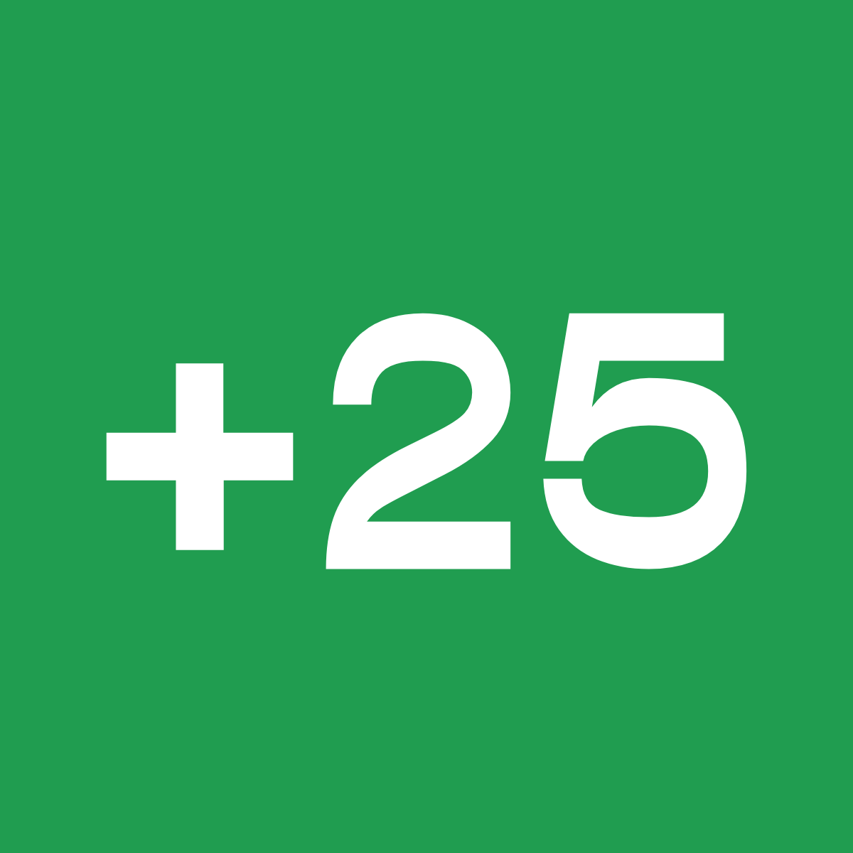 Sfondo verde con un simbolo più (+) e il numero 25 in bianco.