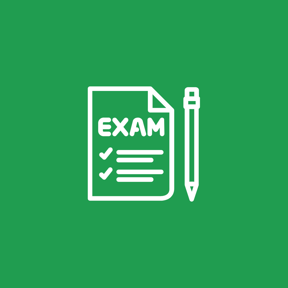 Icona in bianco con sfondo verde che rappresenta un foglio con la scritta 'ESAM' e due controlli, accompagnata da una penna.