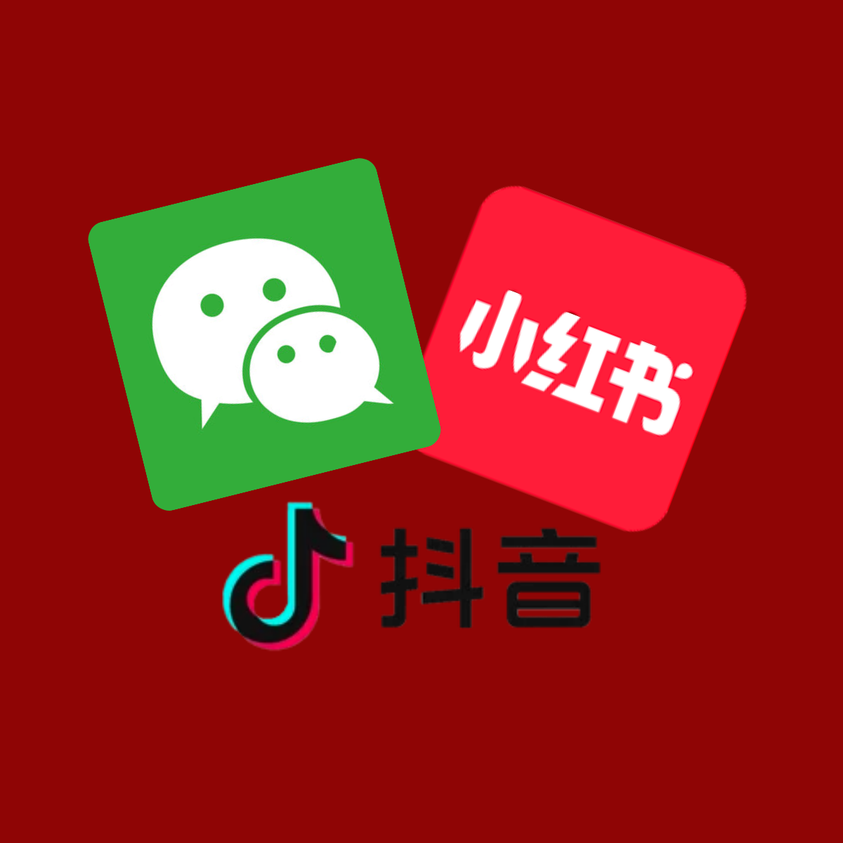 Logo di WeChat, loghi di TikTok e Douyin, sfondo rosso.