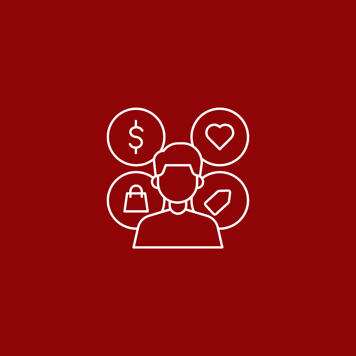 Rappresentazione grafica di un uomo con simboli di denaro, cuore, negozio e etichetta intorno a lui, simbolizzando diverse aree di interesse o valori come finanza, affetti, shopping e qualità.