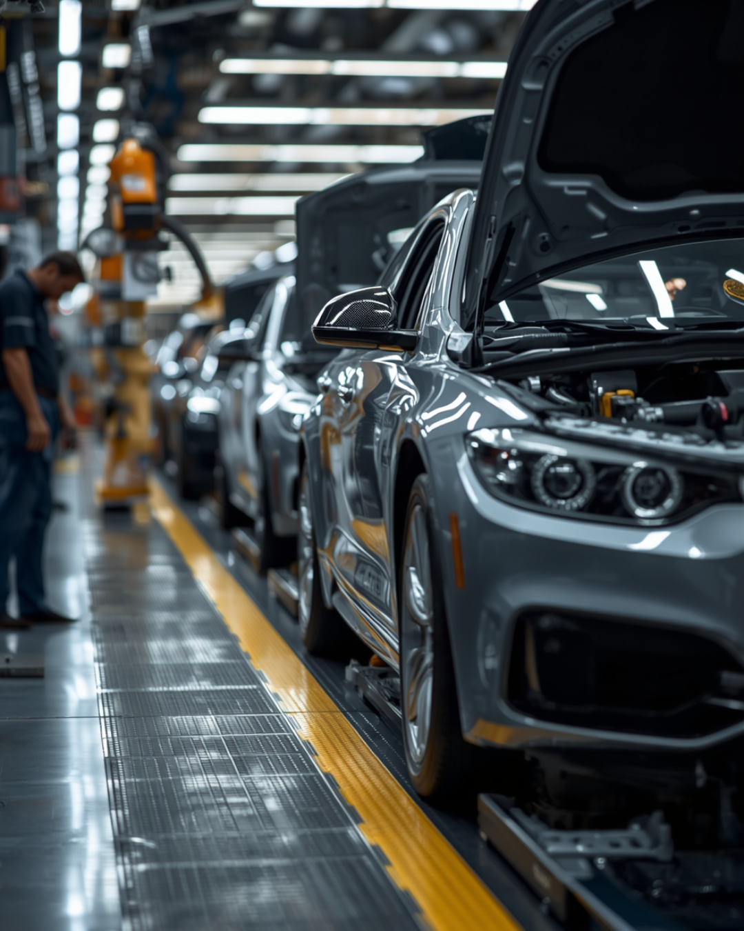 Veicoli in produzione in un'automobile industriale, con operai che lavorano sulla linea di montaggio.