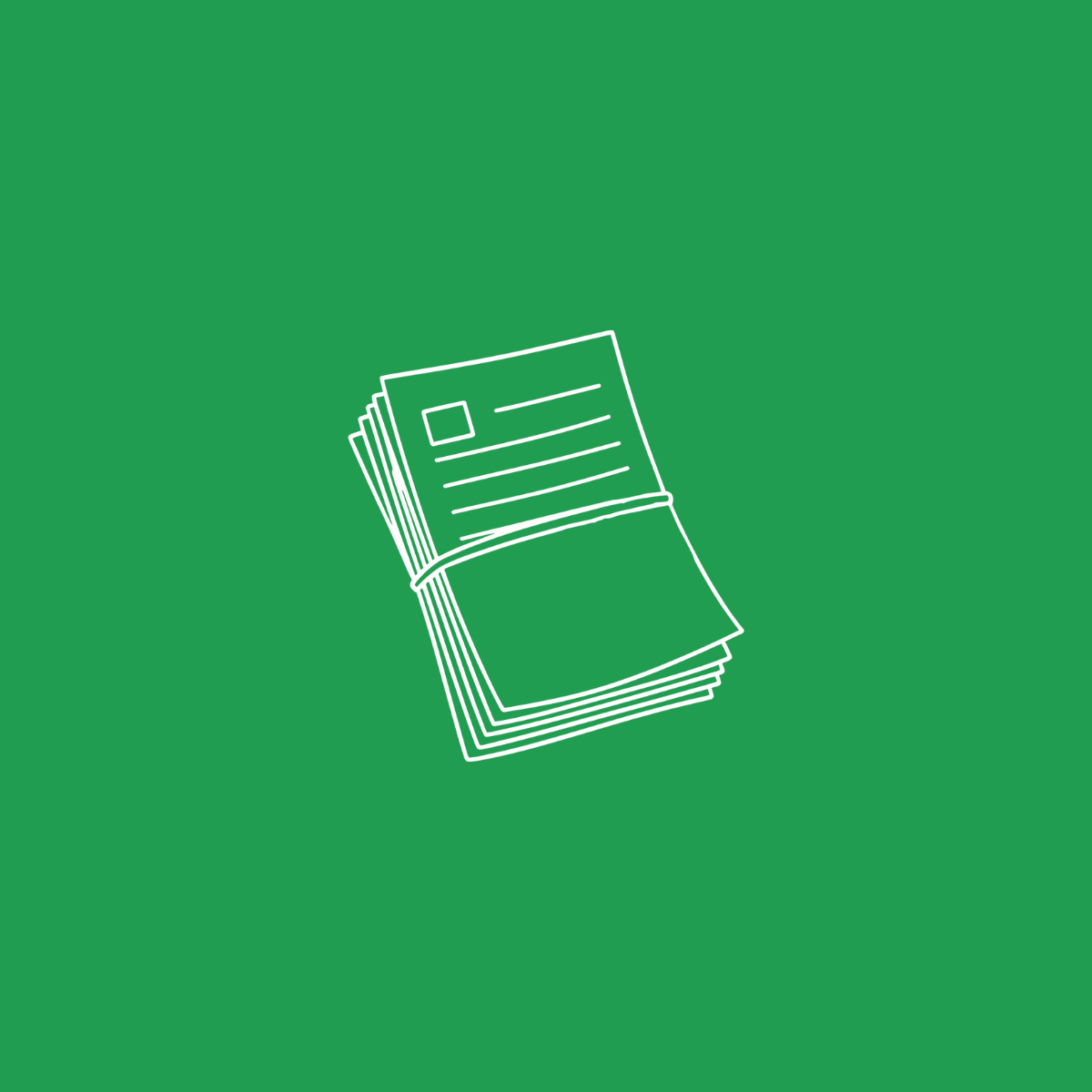 Illustrazione di un fascicolo di documenti con copertina verde, disegno lineare bianco.