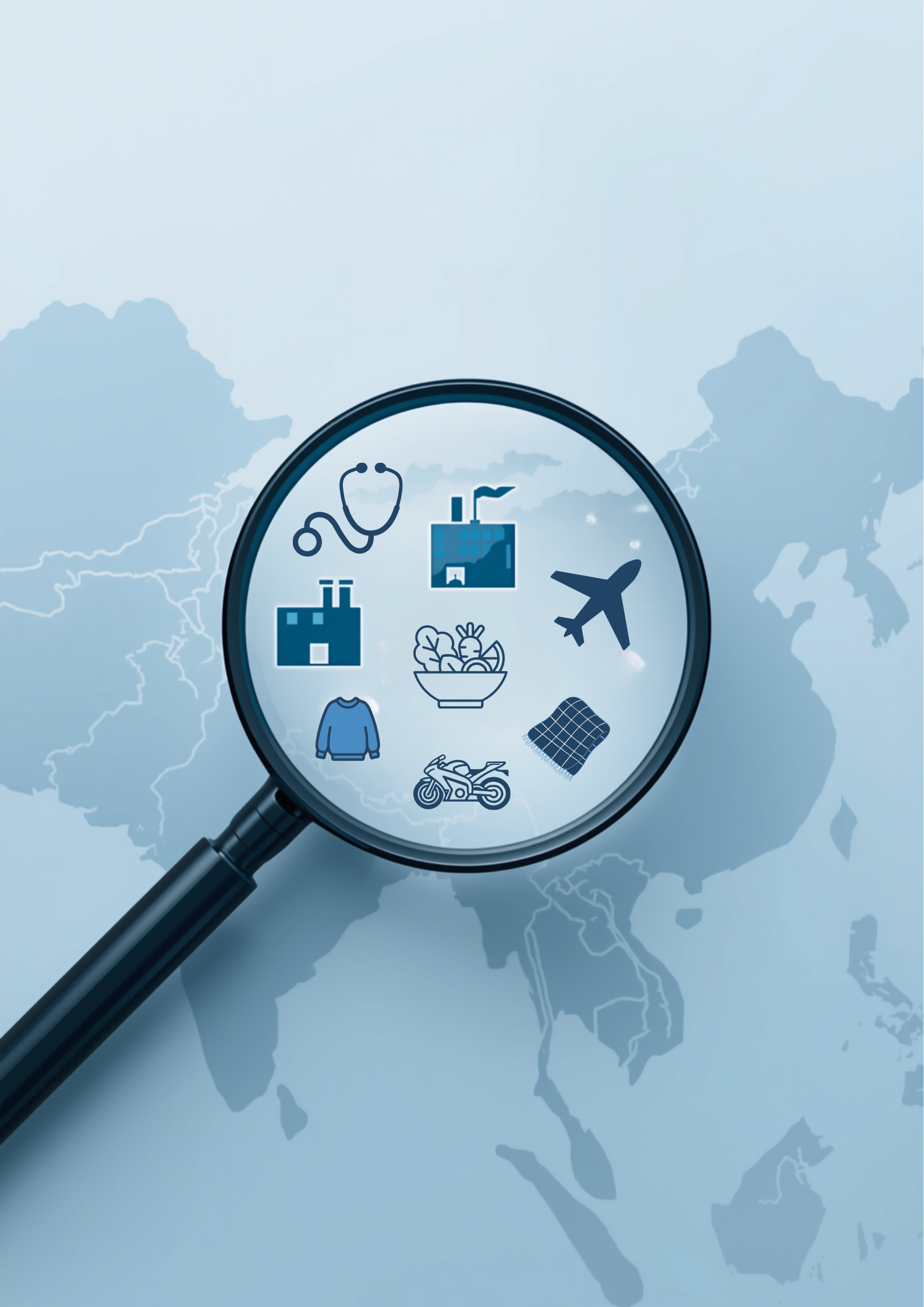 Illustrazione con simboli all'interno di una lente di ingrandimento su una mappa del mondo. I simboli includono un medico, una fabbrica, un aereo, una ciotola di insalata, un maglione, una motocicletta e un tappeto.