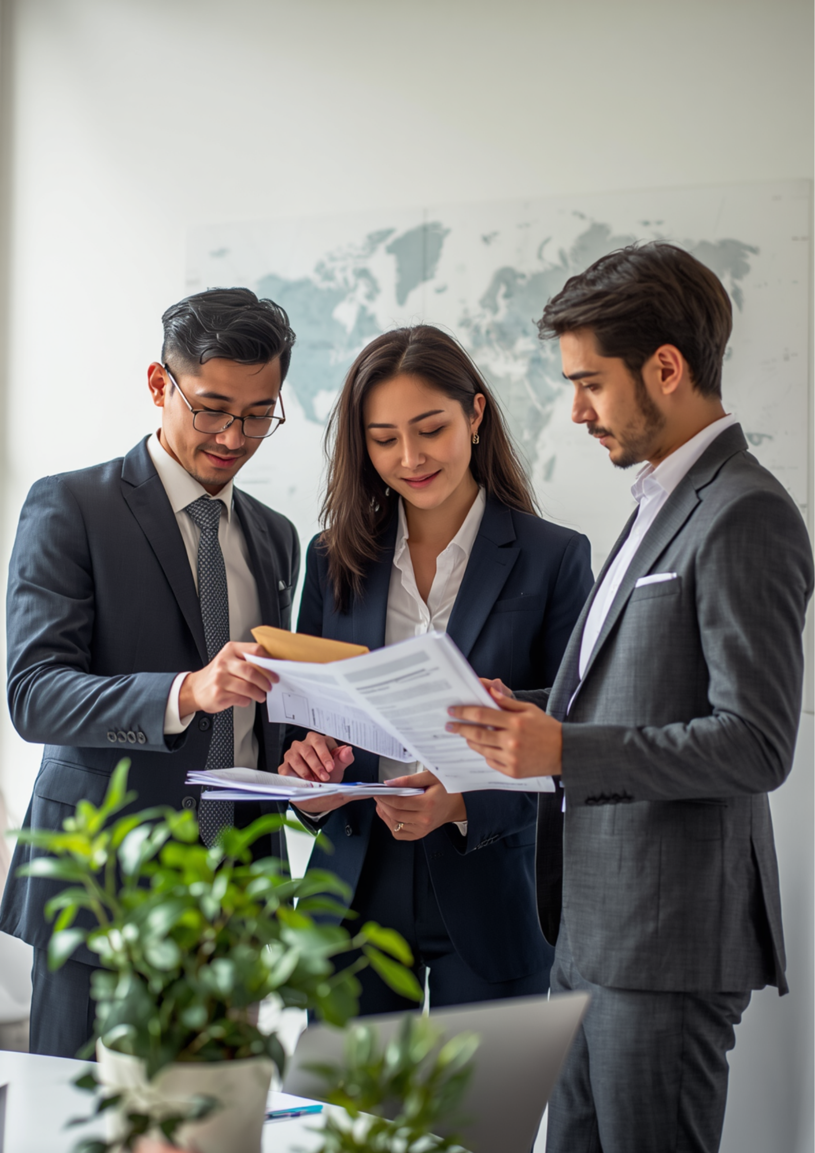 Tre persone d'affari in abiti formali discutono e analizzano documenti in un ufficio.