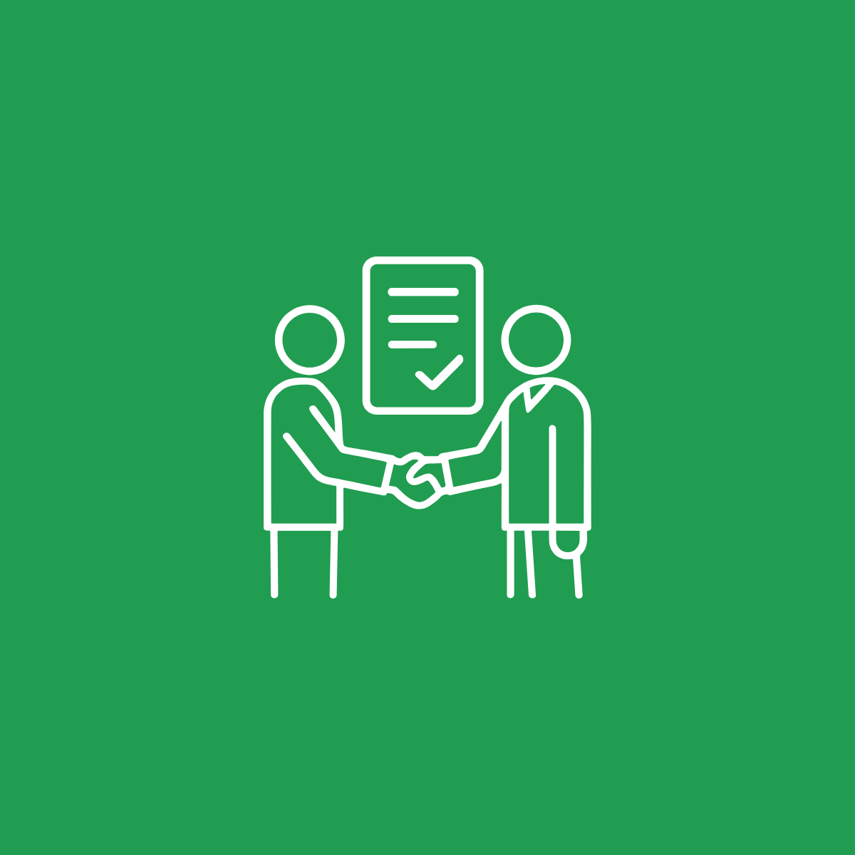 Icona di due persone che si stringono la mano in segno di accordo, con un documento con una spunta tra di loro