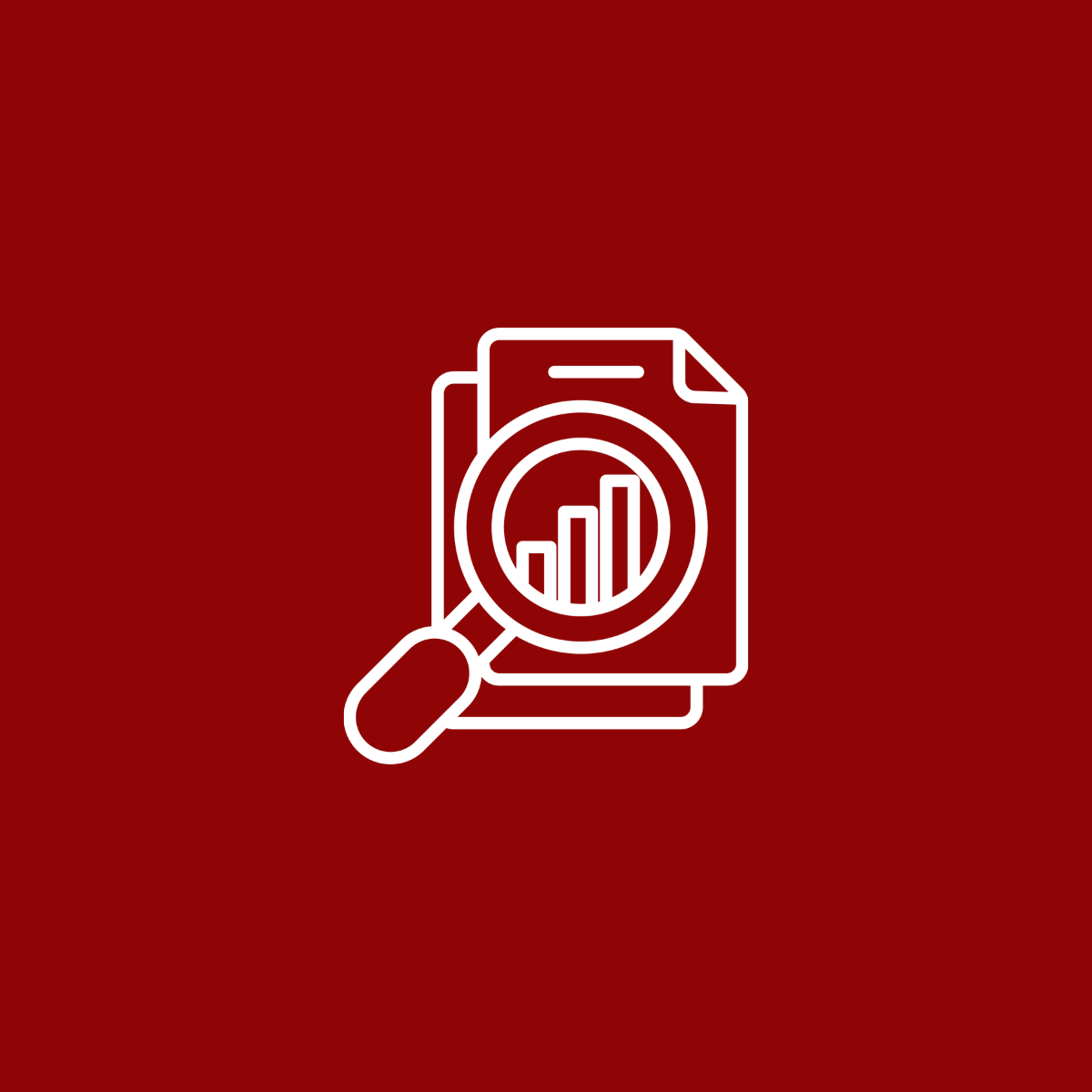 Icona di un documento con una lente di ingrandimento e un grafico a barre, simbolo di analisi dei dati.