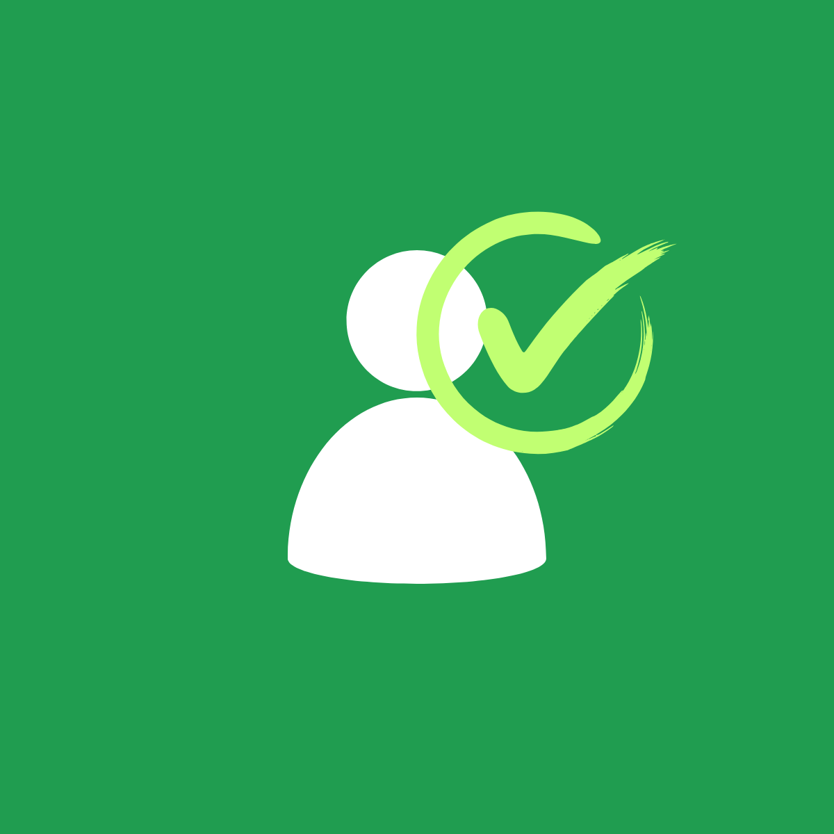 Icona di una persona stilizzata bianca con un grande segno di spunta verde sovrapposto, su sfondo verde.