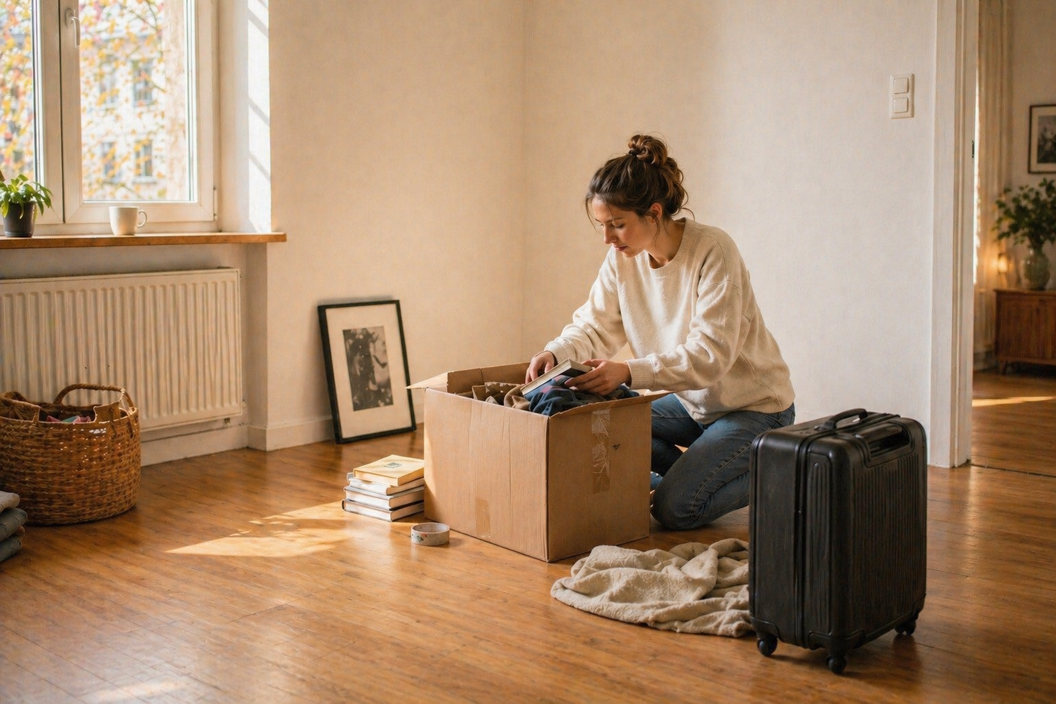 A woman packing a cardboard box with clothes inside, sitting on the floor of a sunlit room with wooden flooring, next to a black carry-on suitcase, a rolled blanket, and a stack of books.