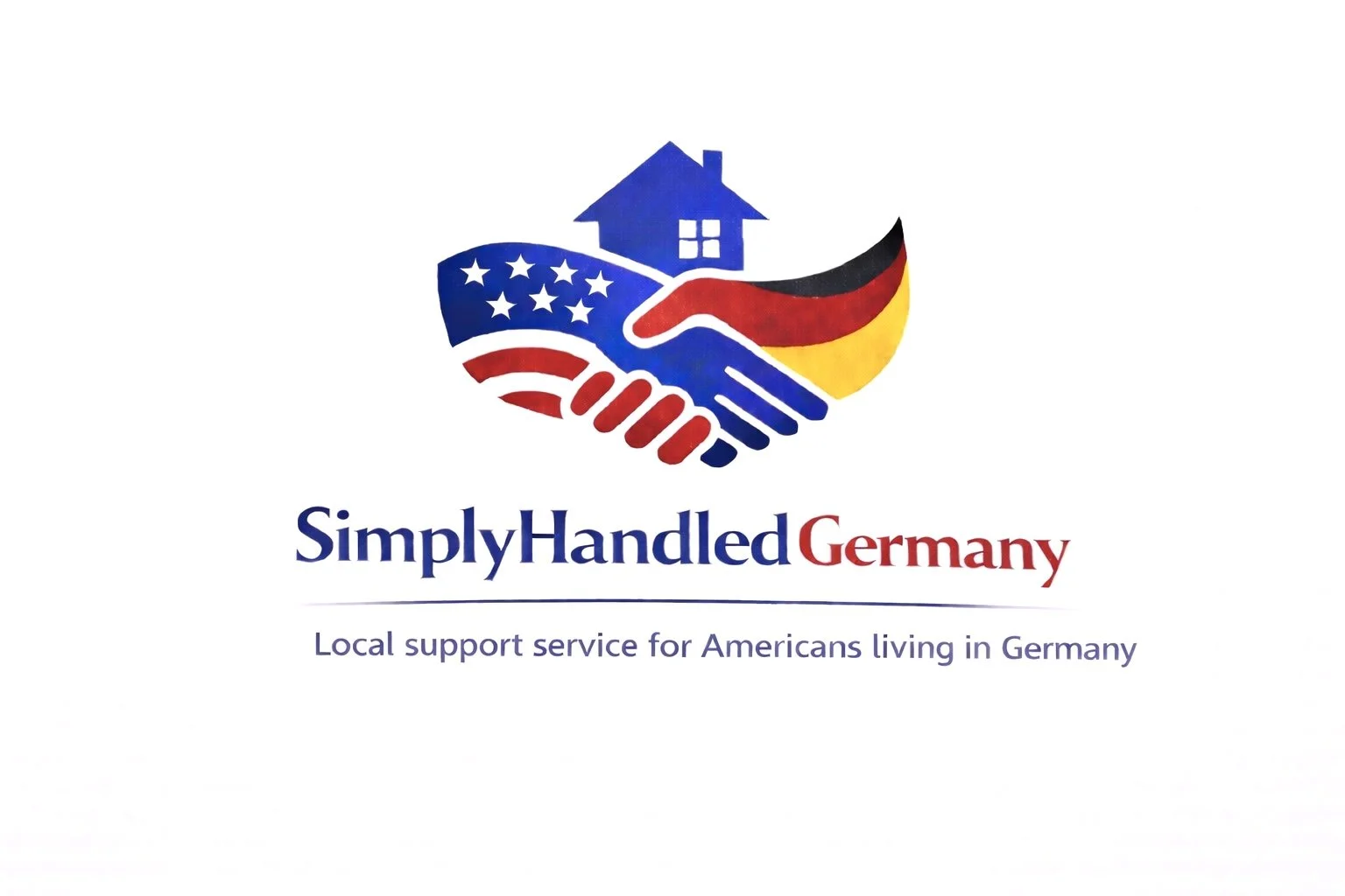Logo with a handshake featuring the American and German flags, a house, and the text "Simply Handled Germany" and "Local support service for Americans living in Germany".