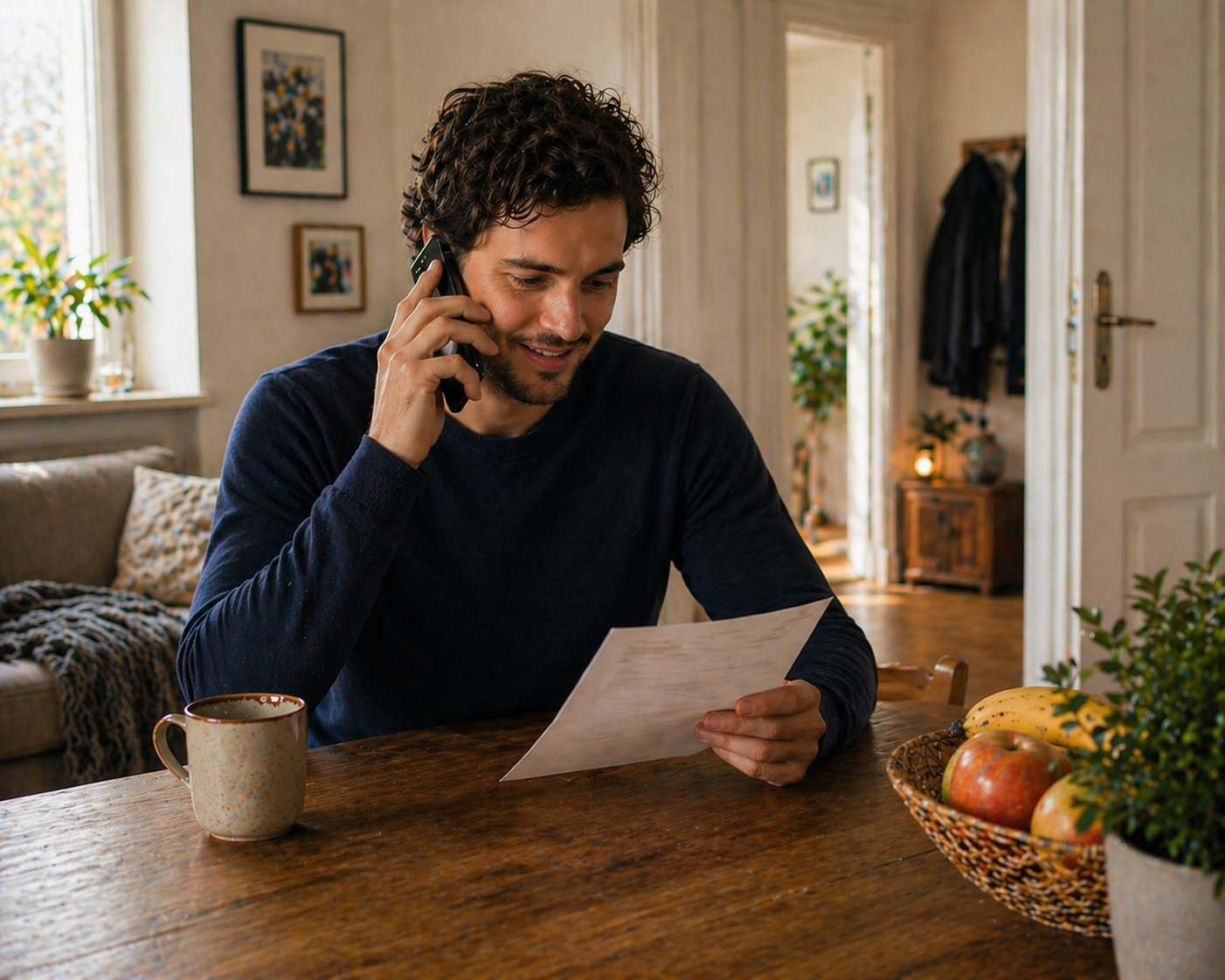 A man is sitting at a wooden dining table, talking on the phone, and reading a piece of paper. There is a mug, a basket of apples and bananas, and a potted plant on the table. The room has natural light, framed artwork on the wall, and a coat hanging in the background.