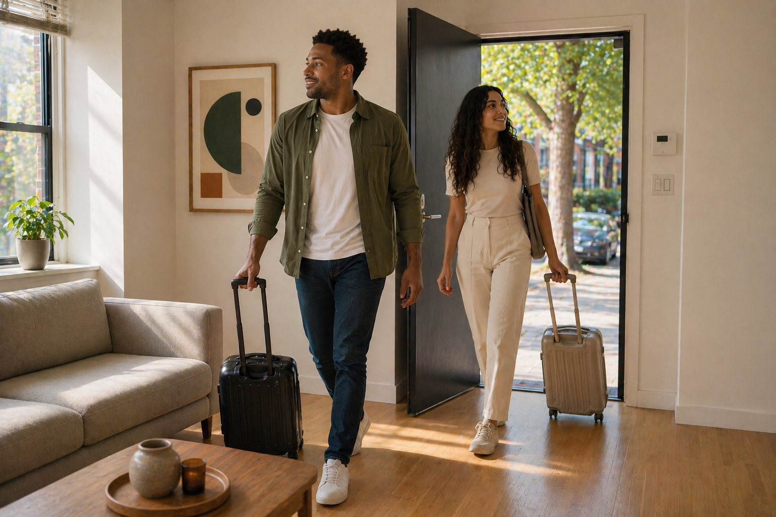 A man and woman entering a home with rolling suitcases, smiling and looking at each other, sunlight streaming in through a window, indicating they are arriving at their new house.