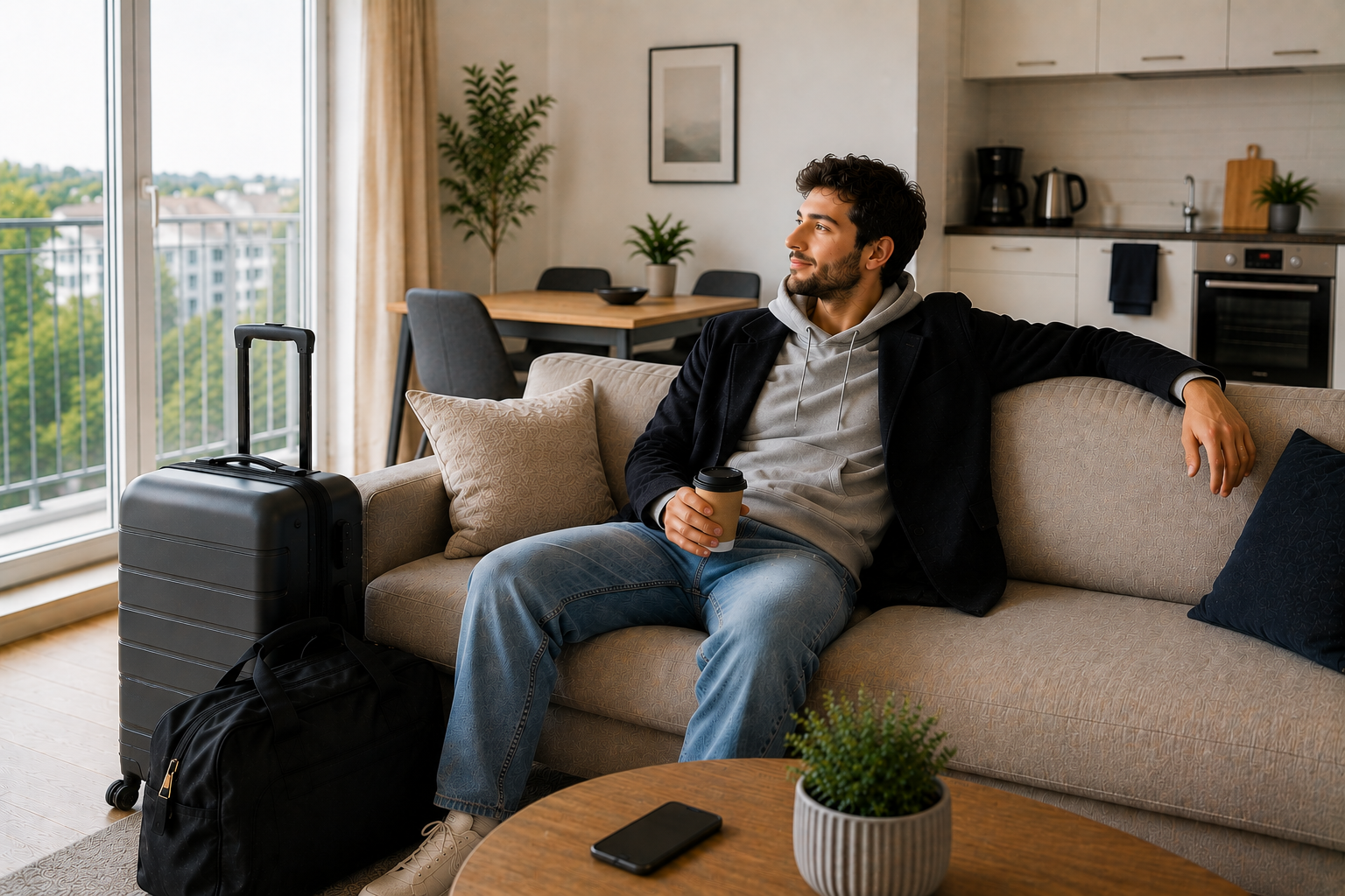 A man sitting on a beige sofa in an apartment living room with luggage, a coffee table, and a smartphone. He is holding a coffee cup and looking outside through large windows.