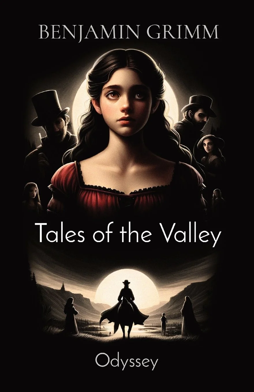 Book cover for 'Tales of the Valley Odyssey' by Benjamin Grimm featuring a young woman with dark hair in a red dress, surrounded by shadowy figures in antique attire, with a valley scene and a large sun or moon in the background.