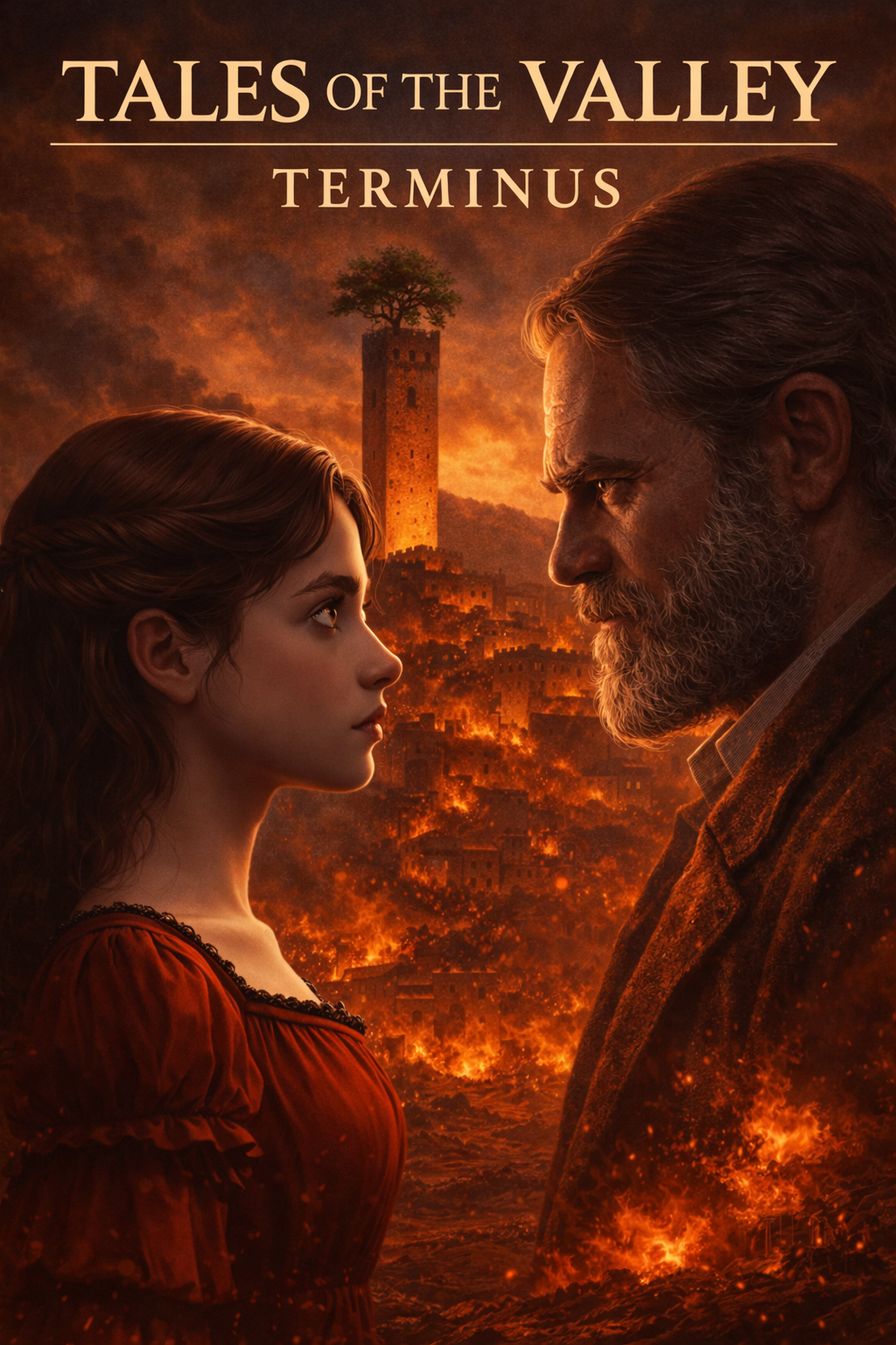 The cover for the book 'Tales of the Valley Terminus' showing a young woman with long wavy hair and an older man with gray hair and beard facing each other against a fiery, burning city background with a tall tower topped by a tree.