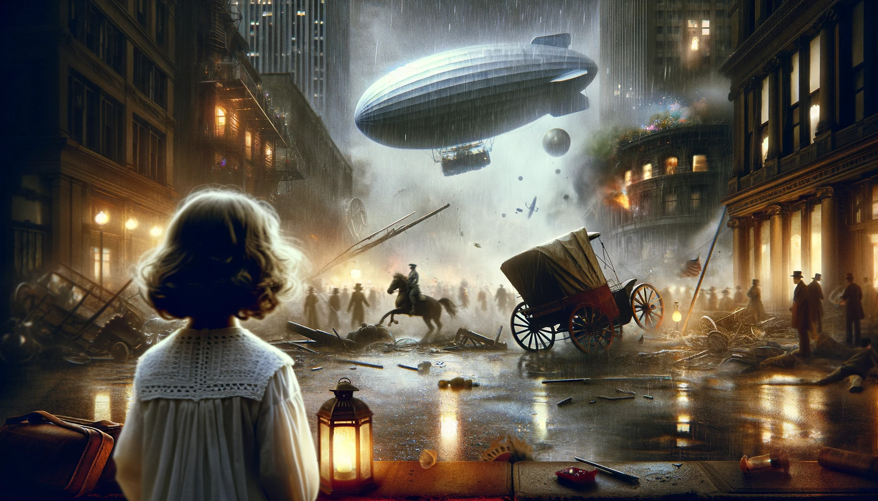 A young girl stands on a street watching a blimp drop explosives on the town below, with buildings on both sides, debris, and a chaotic, dramatic scene with people running around.