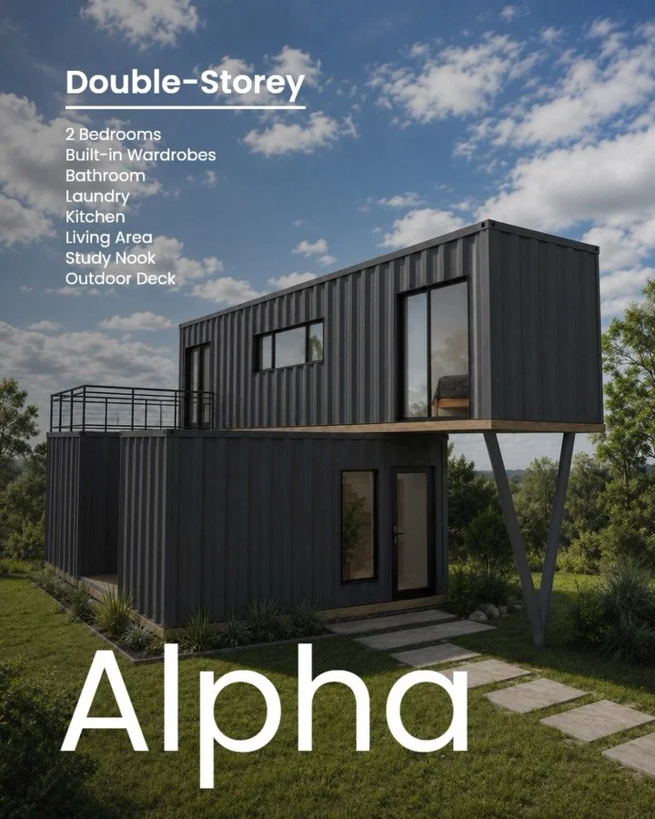 Introducing the ALPHA &mdash; our largest model to date and perfect for those that want a granny flat that feels like a house. This multi-storey design consists of two 20ft containers arranged in a C-shape creating an intimate outdoor patio area, wit