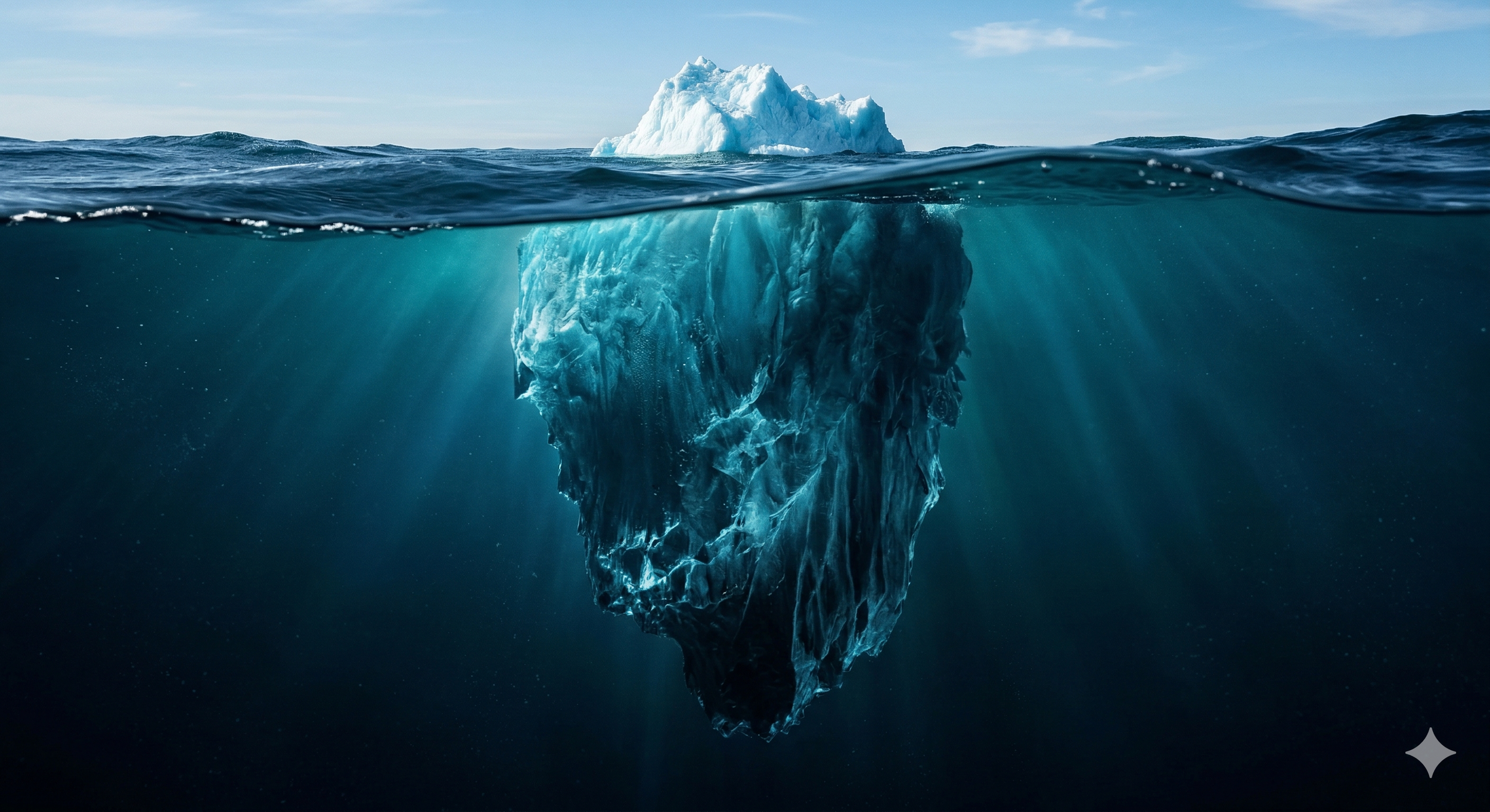 An iceberg floating in the ocean with part visible above water and a larger mass beneath the surface, illuminated by sunlight.