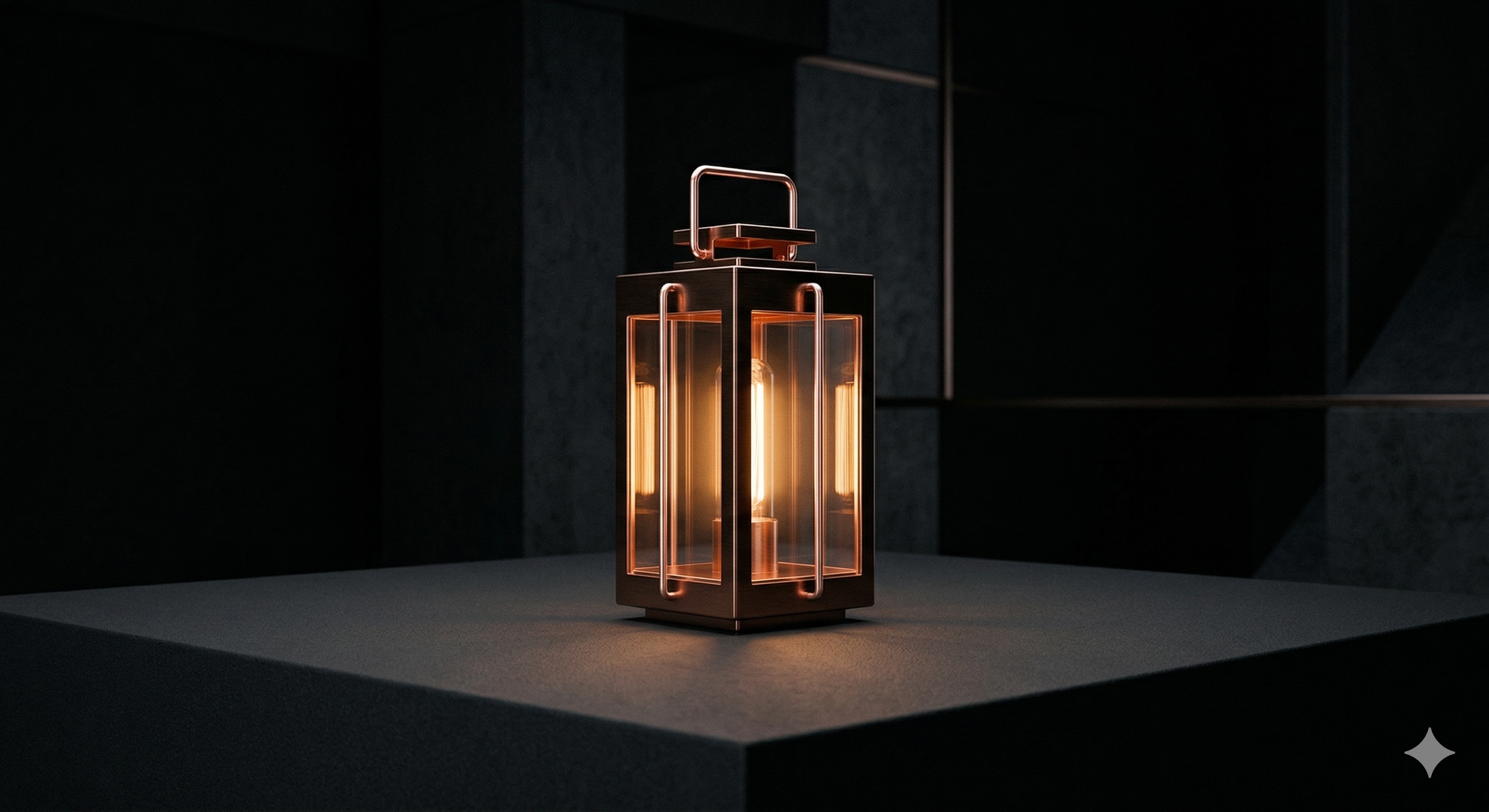 A modern decorative lantern with an Edison-style filament bulb inside, placed on a dark surface in a dark, stylish room.