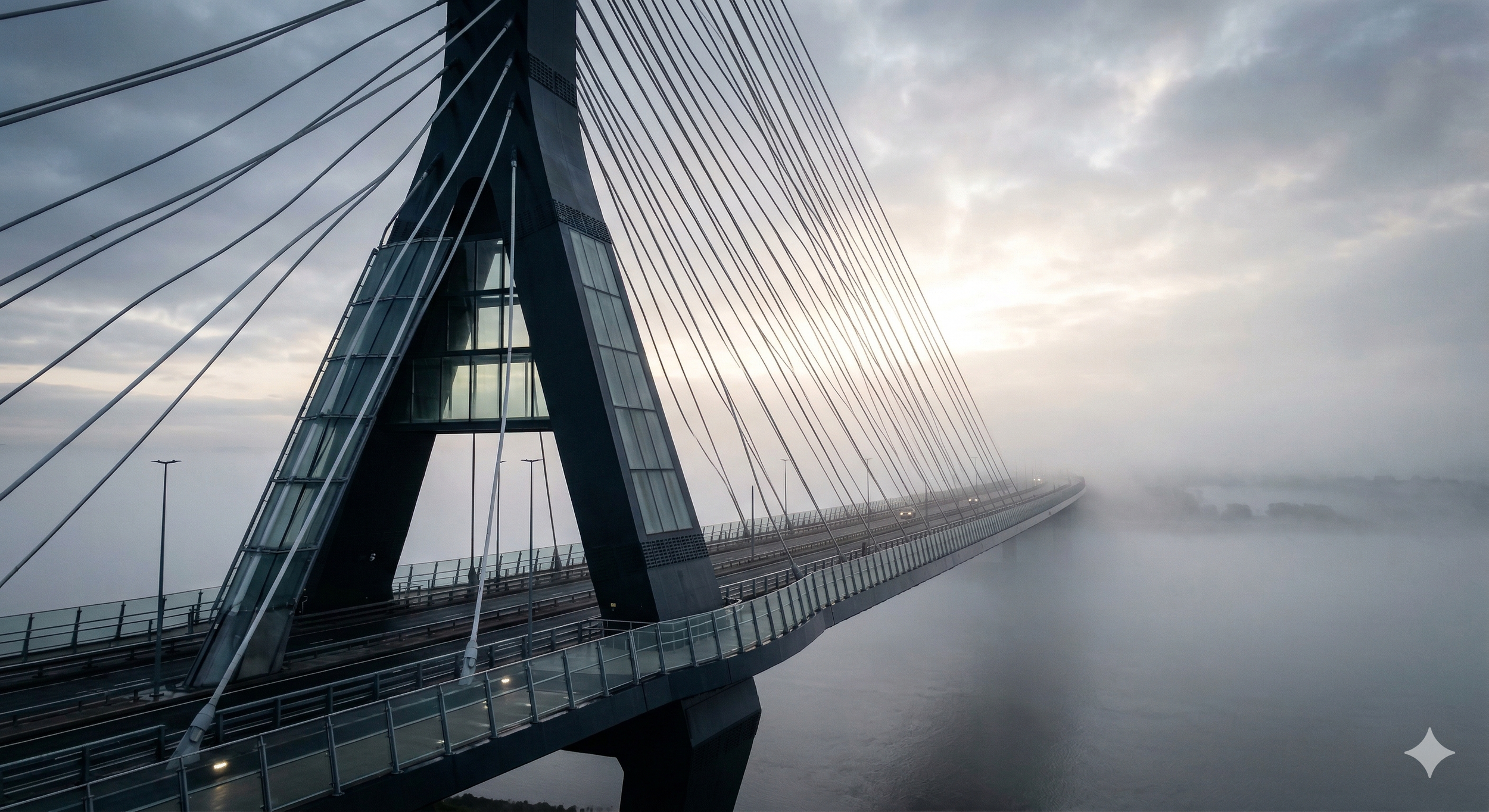 View of a modern cable-stayed bridge over a body of water during foggy weather at sunrise or sunset, with a cloudy sky and several parked cars visible on the bridge.