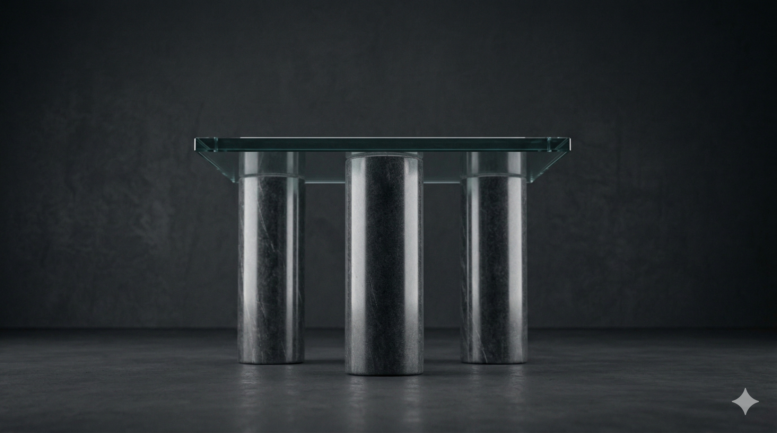 A modern table with a clear glass top and three cylindrical metallic legs, set against a dark background.