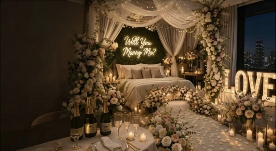 Luxury bedroom prepared for a special occasion.