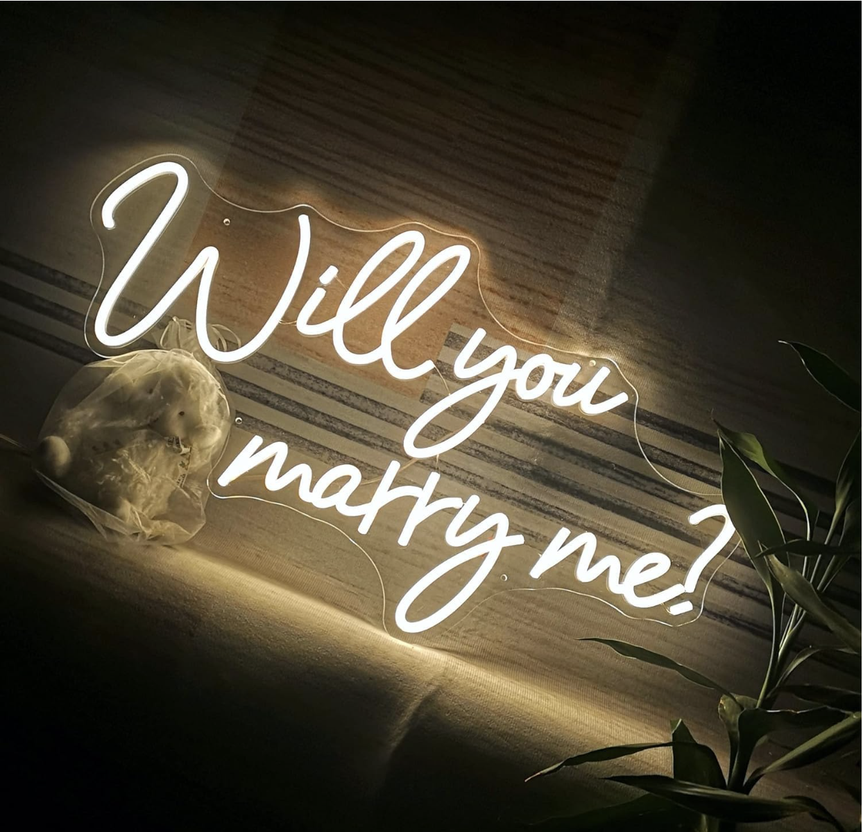 NEON sign with the phrase "Will you marry me?"