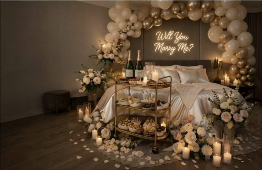 Luxury bedroom prepared for a special occasion.