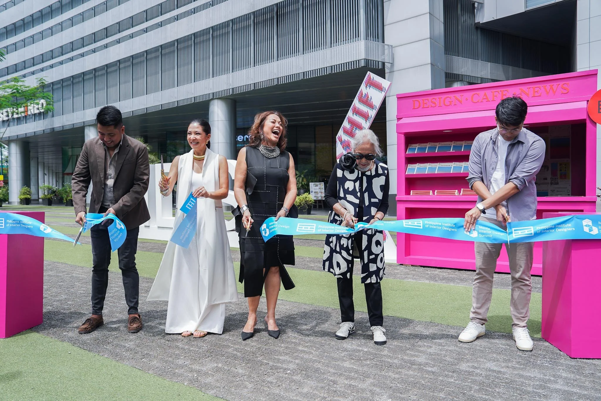 photos of people doing ribbon cutting while laughing
