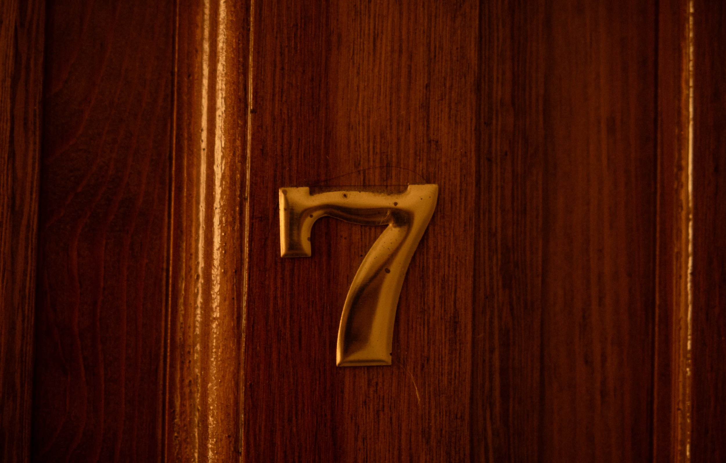 Close-up of a decorative number 7 mounted on a wooden door.