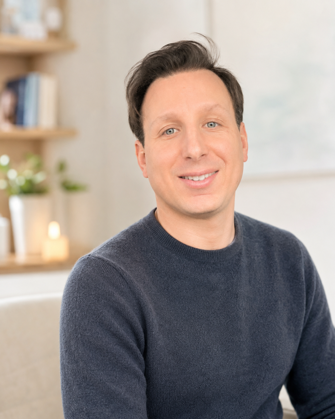 Junge Mann mit braunen Haaren und blauen Augen, trägt einen dunklen Pullover, sitzt in einem modernen, hellen Raum.